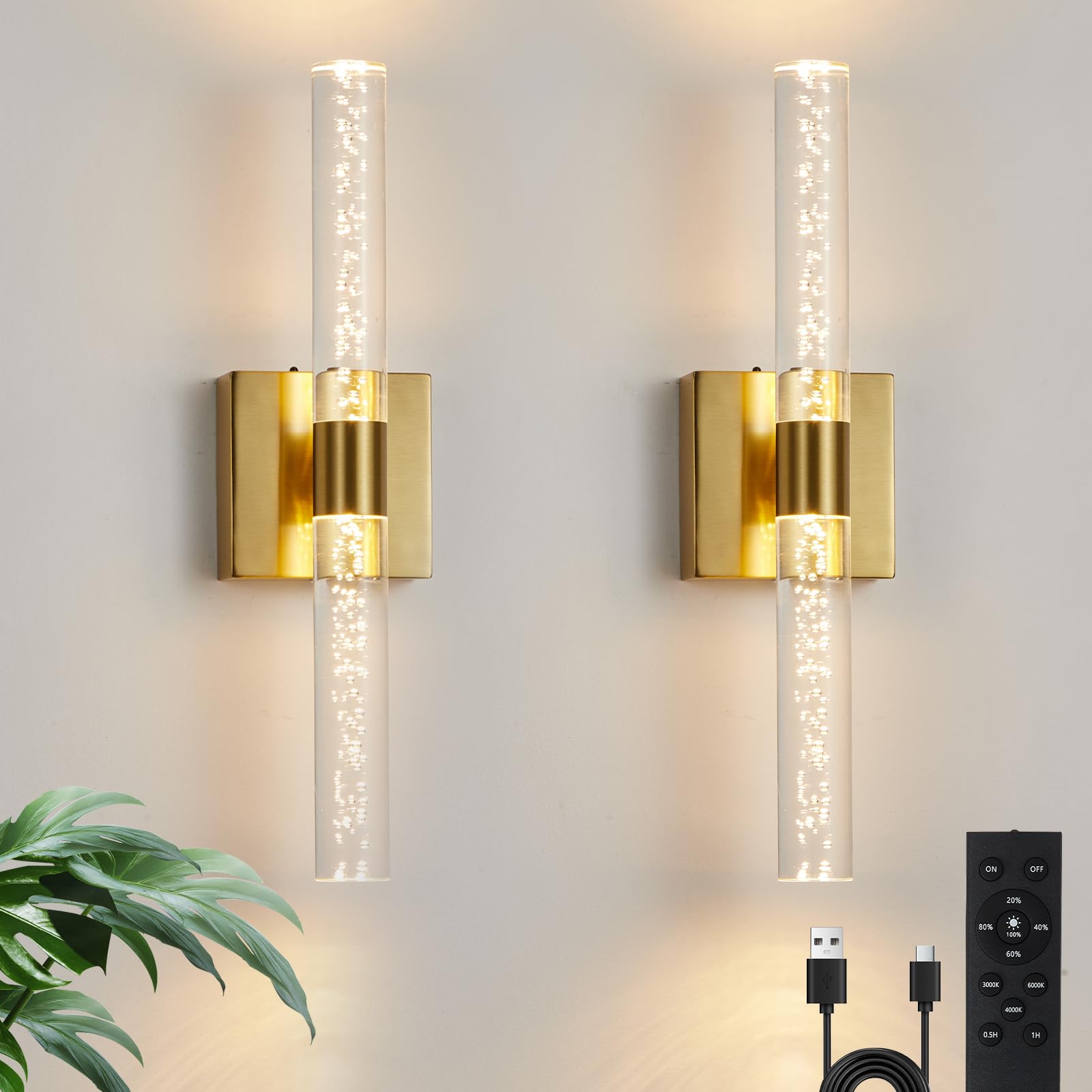BCGMYLN Battery Operated Wall Sconce Set of Two, Rechargeable Modern Crystal Bathroom Sconces, 3000K-6000K Dimmable Gold LED Wir