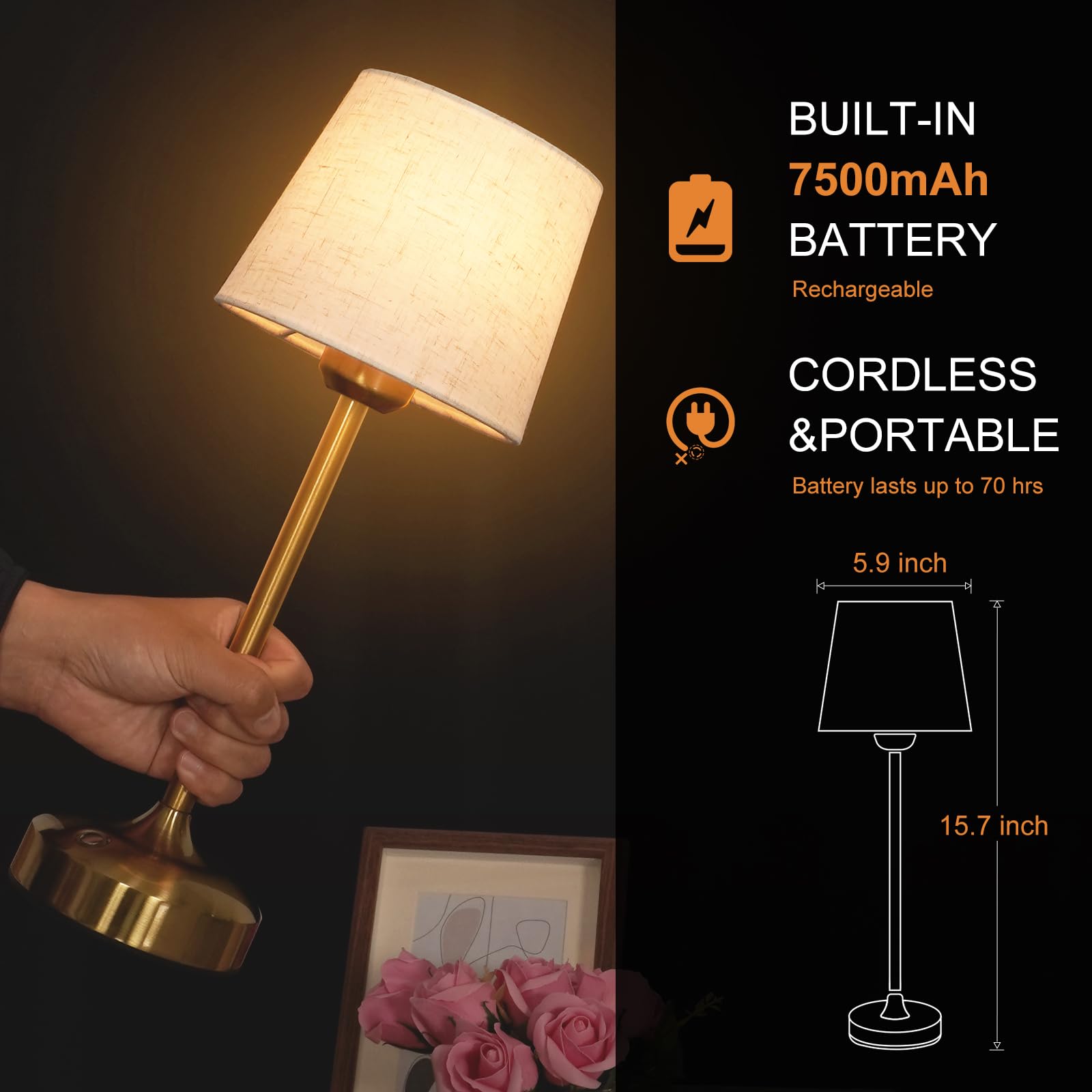 YAYZA! Cordless Table Lamp - Adjustable Height, Fabric Shade, 7500mAh Rechargeable, Short Gold - 5.9" x 5.9" x 15.