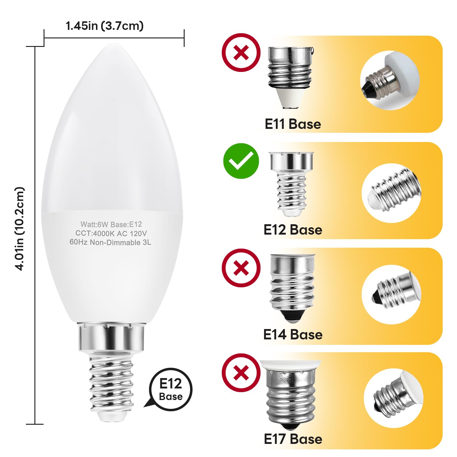Hengbo Led E12 Led Candelabra Bulbs, 60W Equivalent E12 Light Bulbs, C37 Candle Base Chandelier Light Bulbs, Daylight 4000K, Non