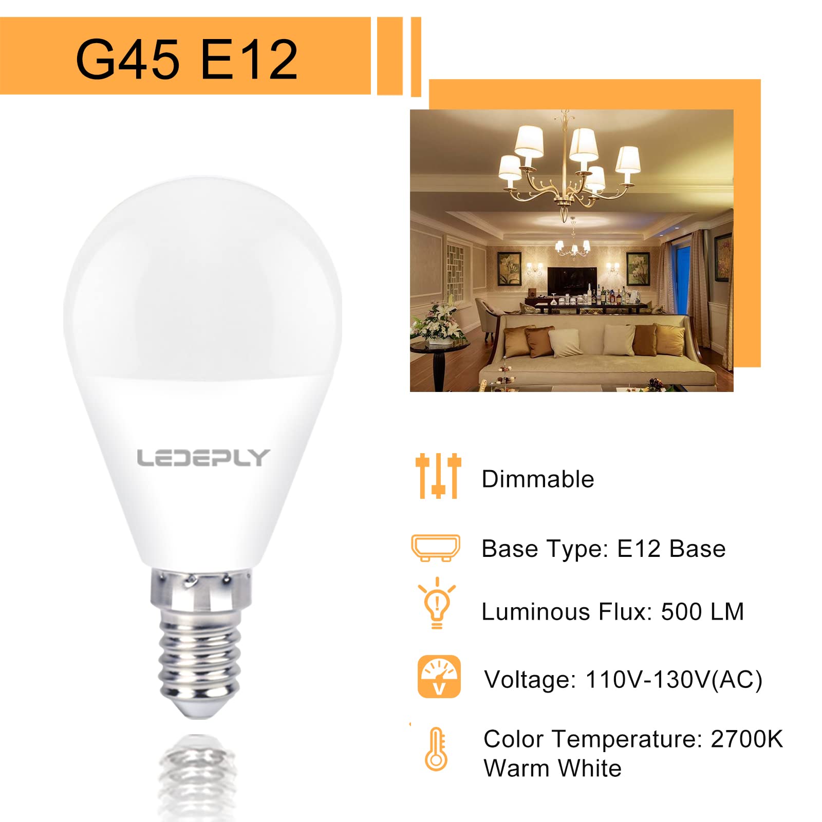 Ledeply A15 Ceiling Fan Light Bulbs, Dimmable, E12 Base Led Bulb, 5.5W=40W, Warm White 2700K, 500 Lumen, Led Light Bulb, 6 Pack
