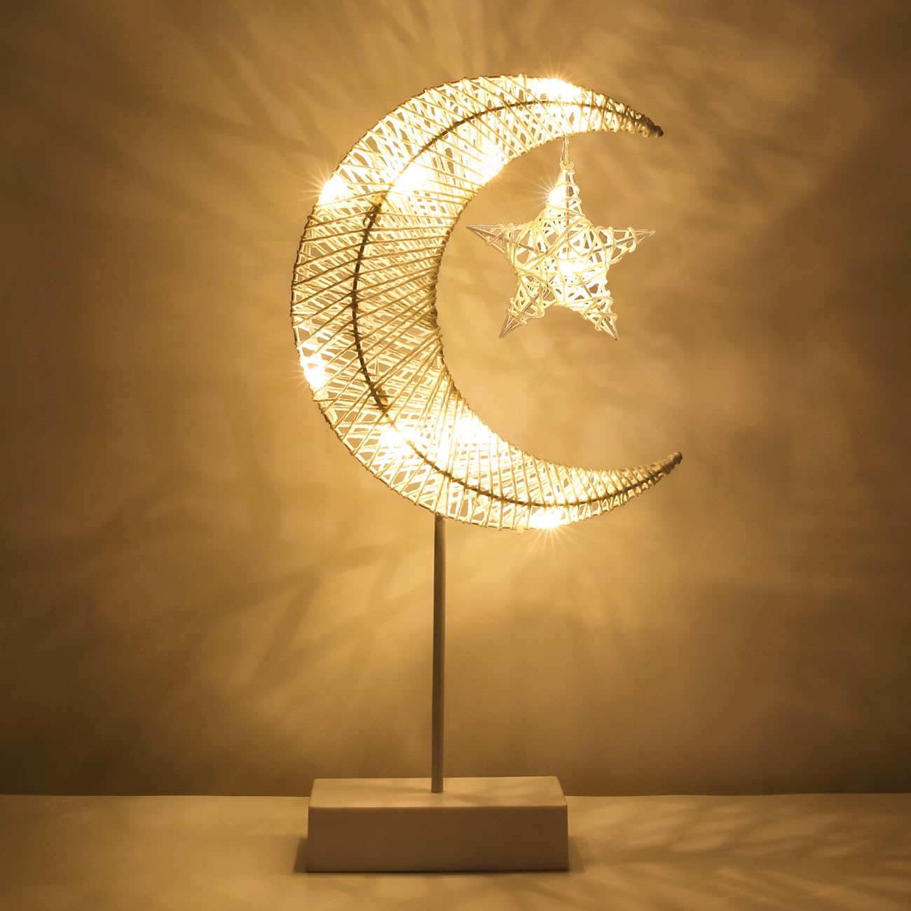 Lewondr Decorative Table Lamp, Christmas Moon Star Ramadan Desk Lamp Battery Powered Warm LED Crescent Light for Xmas Home Bedroom Bedside Desktop Nightstand Decoration, White