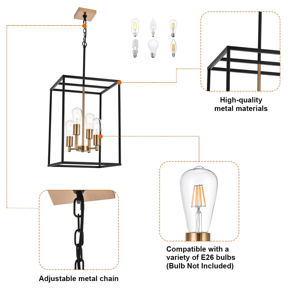 VINLUZ Retro 4-Light Farmhouse Chandelier, Metal Square Cage Pendant Lighting, Black & Brass Finish for Dining Room and Kitchen Island