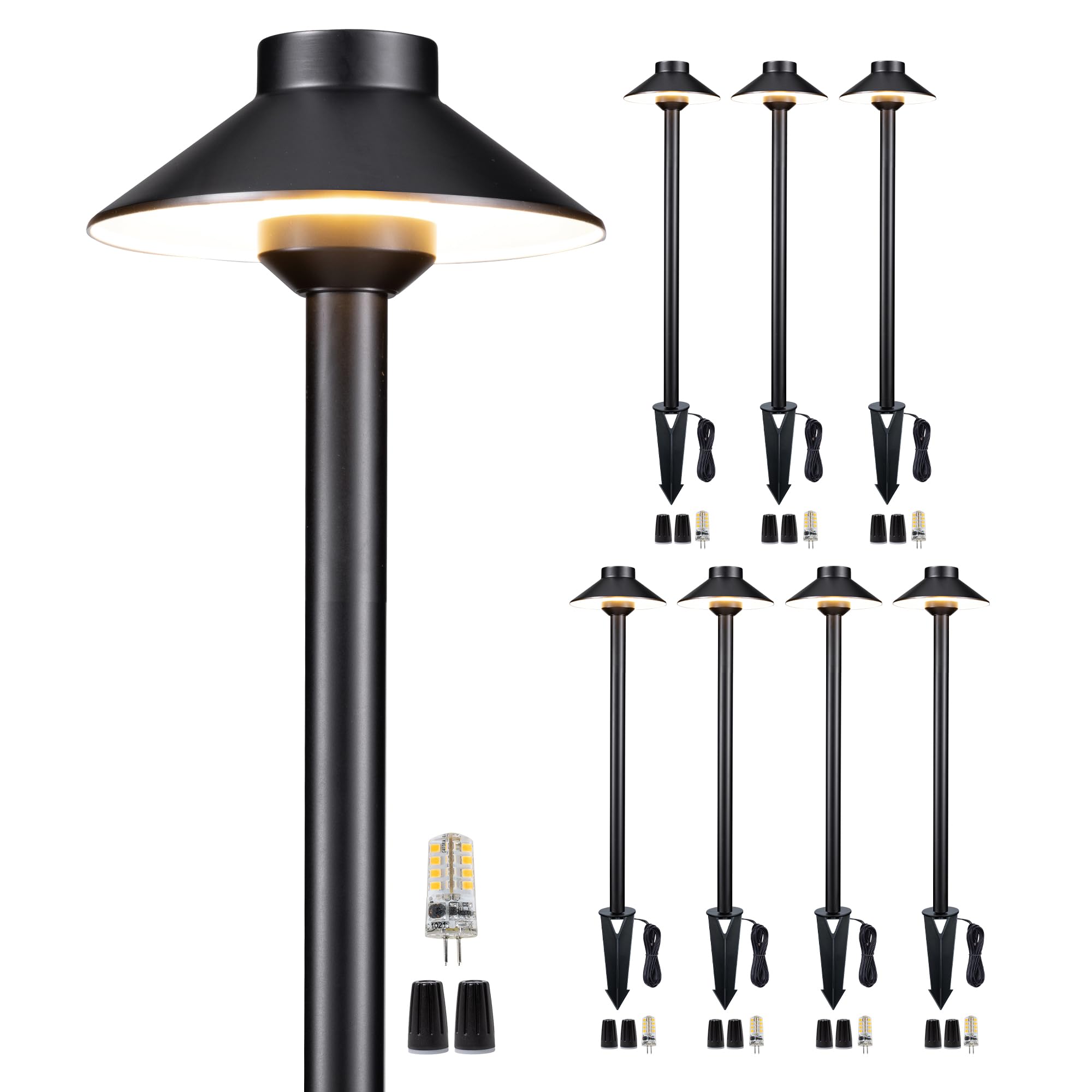 Gardenreet Brass Low Voltage Path Lights - 12V Led Landscaping Pathway Light Ip65 Waterproof, Wired Walkway Lighting Outdoor, Black For Lawn Area Backyard With 3W 2700K Warm White G4 Bulb (8 Pack)