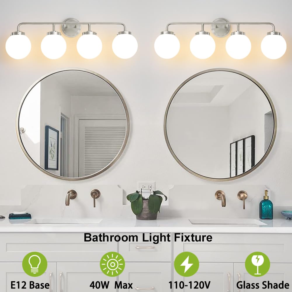 Deyidn Bathroom Light Fixtures Over Mirror, Brushed Nickel Modern Vanity Lighting With Milk White Glass Globe Shades 4-Light Far