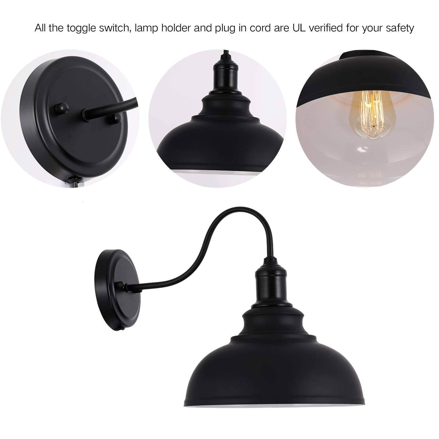 Larkar Dimmable Vintage Wall Lamp Black Industrial Vintage Farmhouse Wall Sconce Lighting Gooseneck Wall Light Fixture with Plug