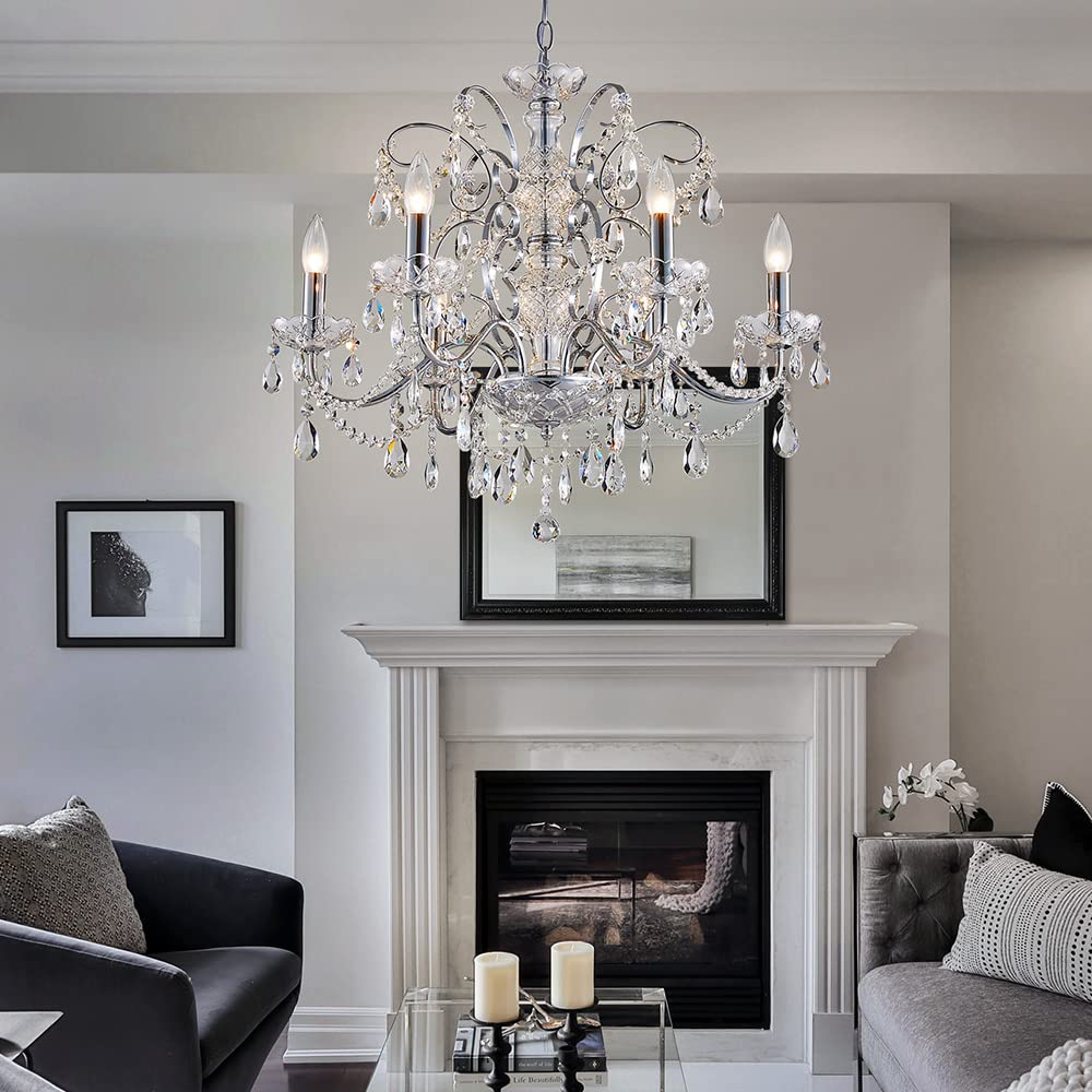 SM Saint Mossi 6-Lights Crystal Chandelier, Modern Pendant Light Fixture, Adjustable Chain, H22 x D24, Clear-Chrome, Suitable for Bedroom/Living Room