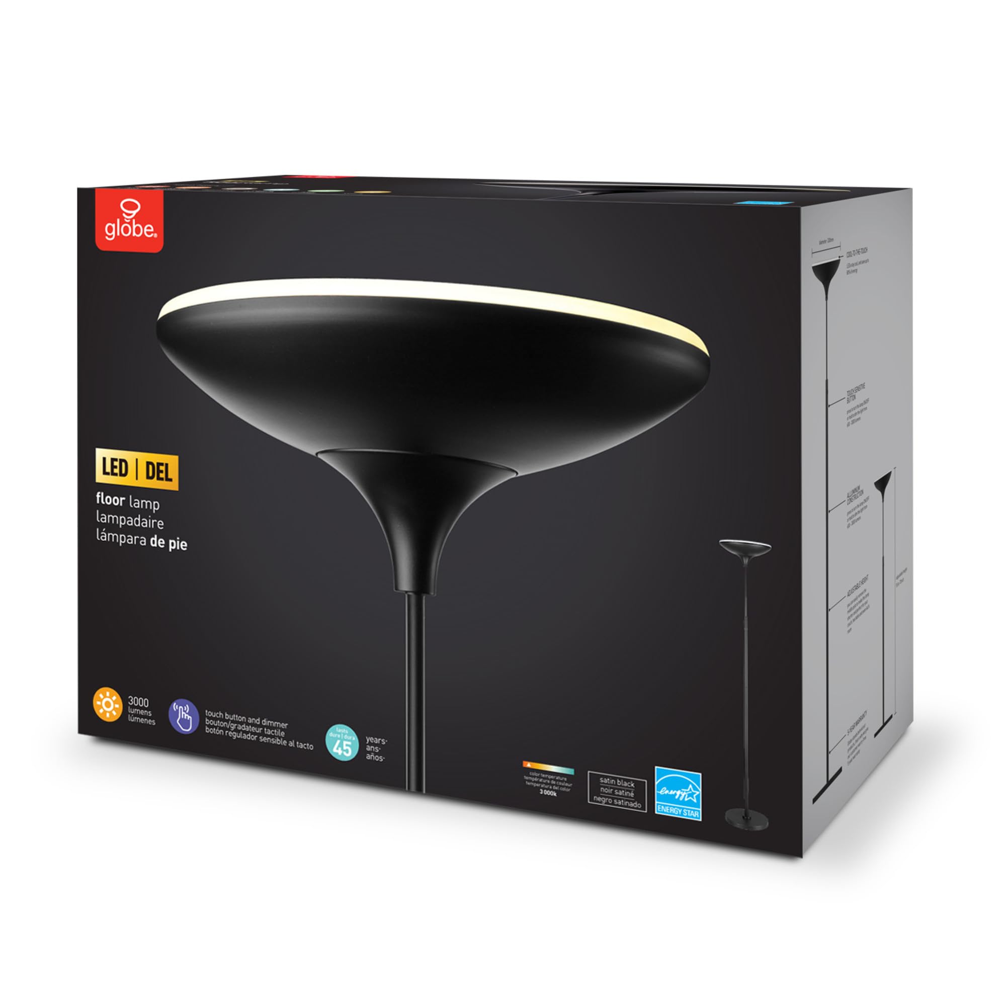 Globe Electric LED Torchiere Floor Lamp, 43W, 3010 Lumens, Energy Star, Dimmable, Matte Black, 70.9" - Model 12784