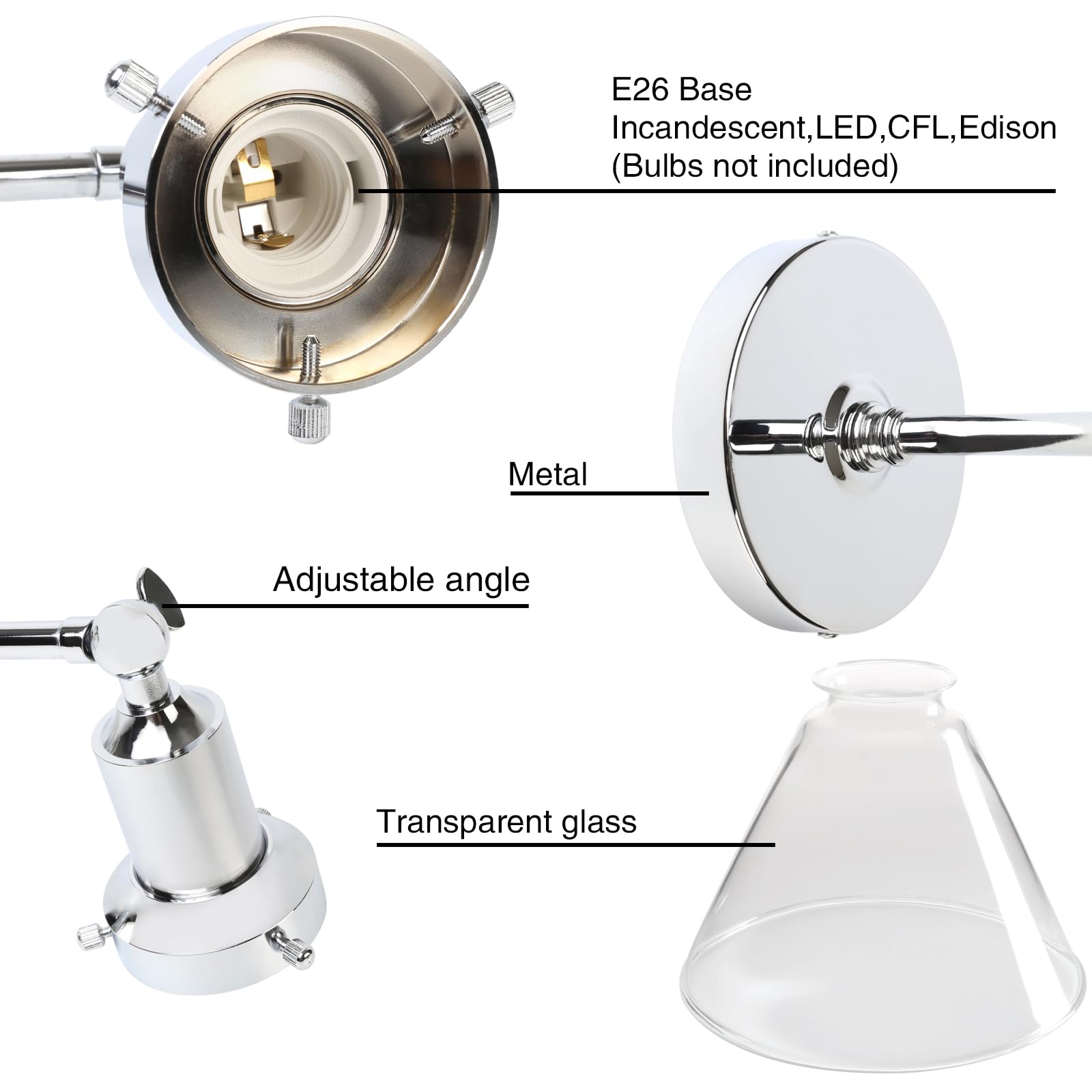 PERMO Industrial Vintage Wall Sconce Light Fixture, Funnel 1-Light, Hardwired, Chrome, Model Y410, Metal Construction