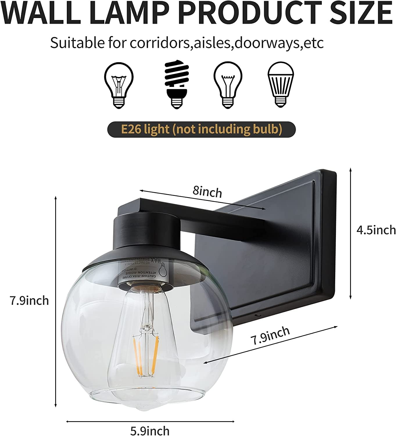 Pazala 2 Pack Black Wall Lights For Bedroom Modern Wall Sconces Set Of Two Lighting Fixtures Wired, Globe Glass Lamp, Wall Mount