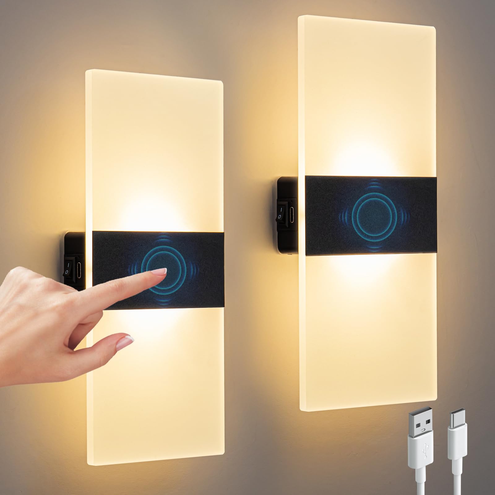 Surpalig Touch Control Wall Sconces Set Of 2 Bedside Night Light Dimmable 3600Mah Battery Operated Wall Lights For Bedroom, Rechargeable Magnetic Cordless Led Energy Saving Warm Light Wall Lamp