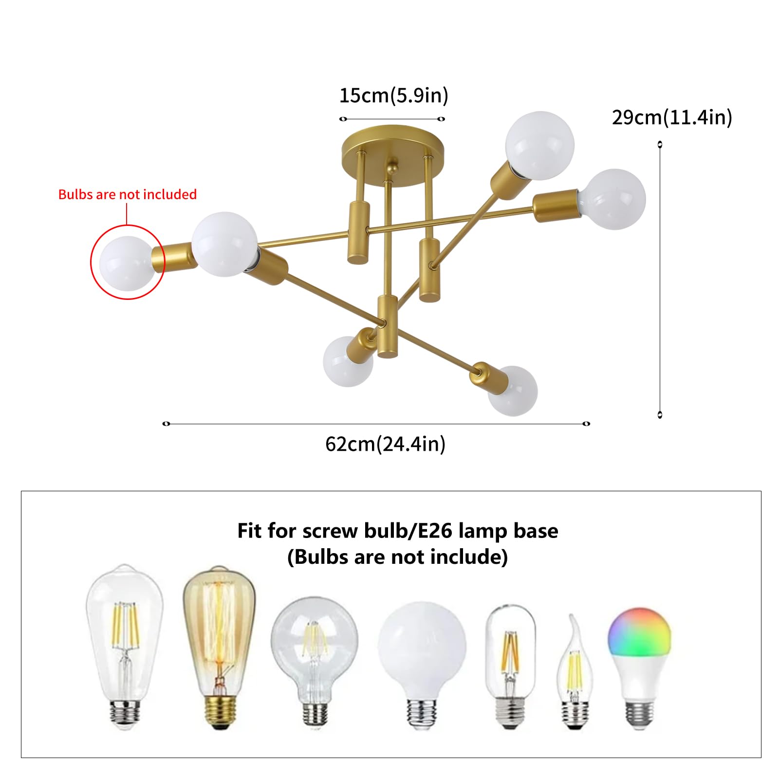 Garwarm Gold Modern Sputnik Chandelier Ceiling Light Fixtures,6-Lights Industrial Semi Flush Mount Ceiling Light For Bedroom Din