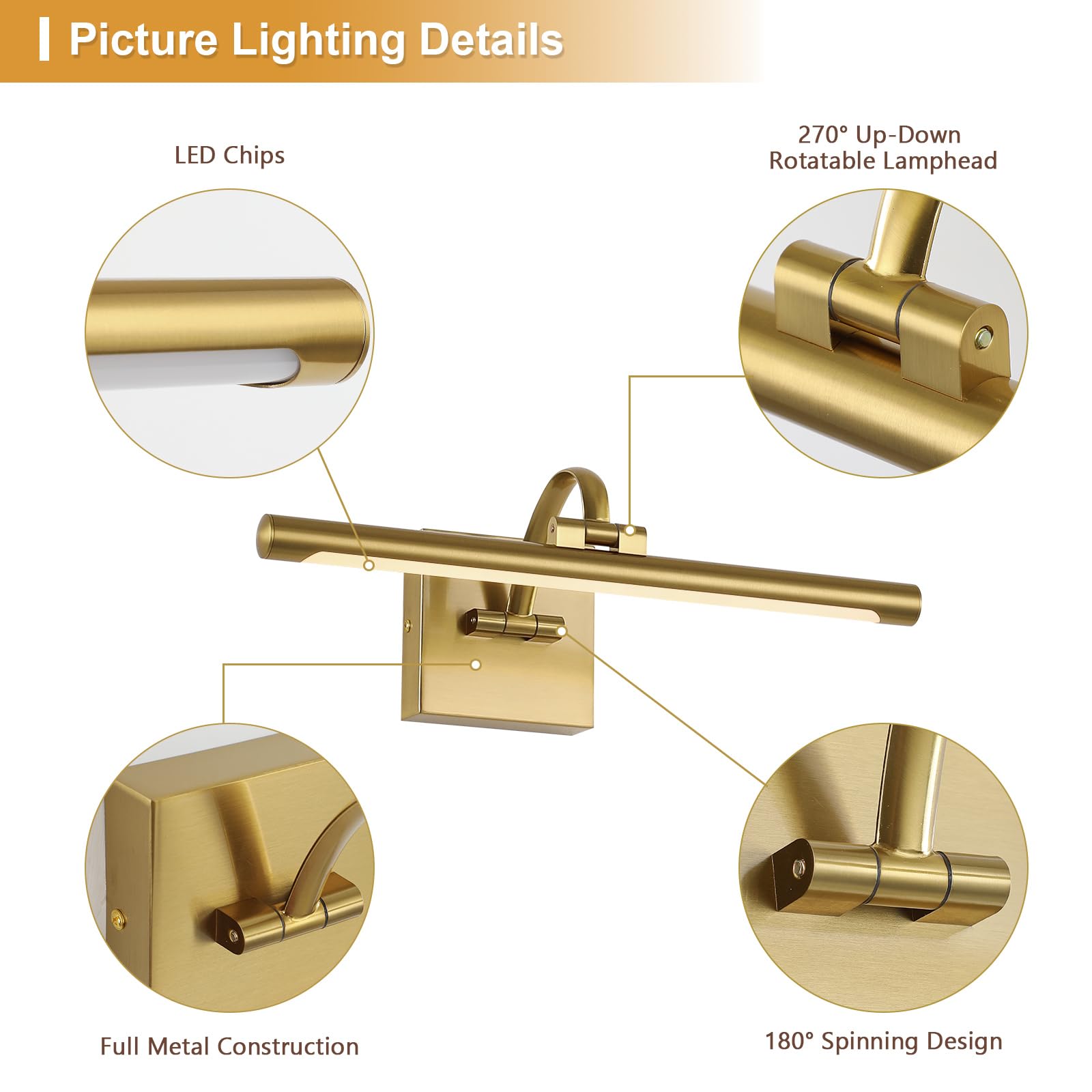 Desoop Brass Picture Lights For Wall Hard-Wired Led Picture Lighting Dimmable Art Light Gallery Lighting For Wall Portraits Artwork 15.75 Inch 7W Warm White