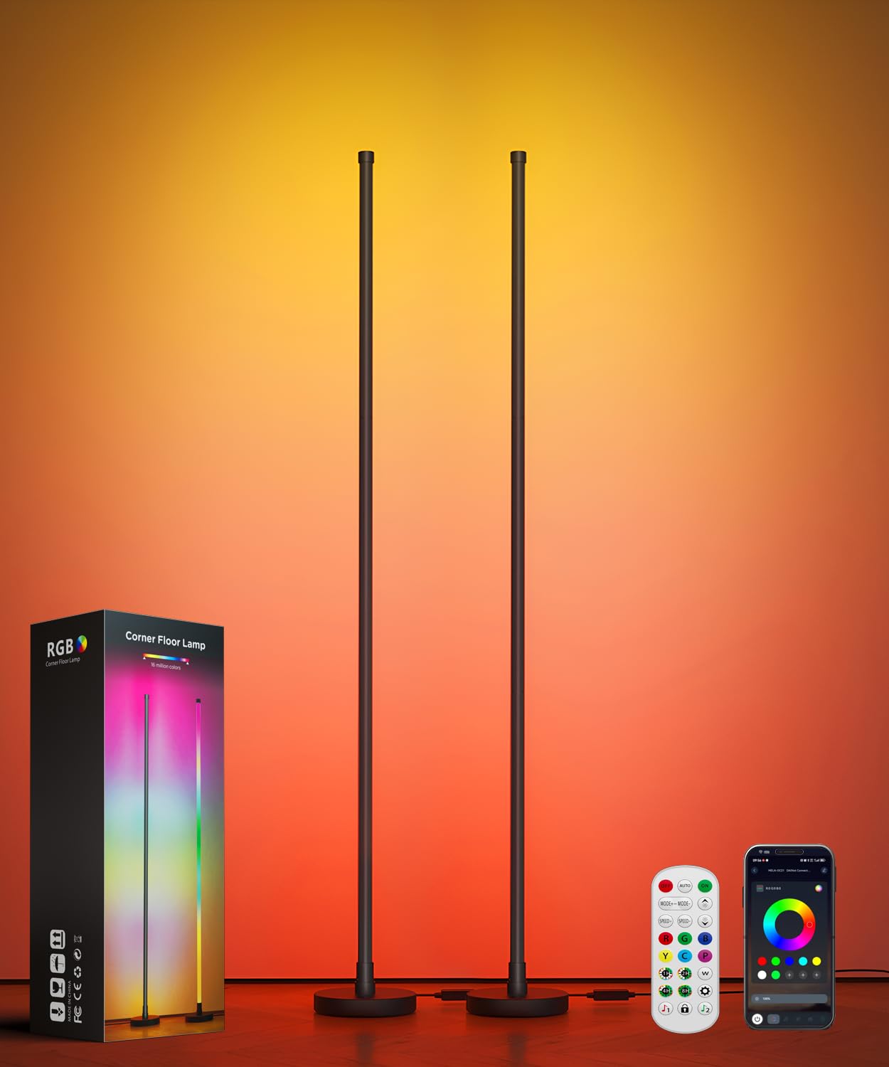 Bwgzh Corner Floor Lamp 2 Pack, Smart Rgb Led Corner Lamp With Music Sync And 16 Million Diy Colors, App & Remote Control, Color