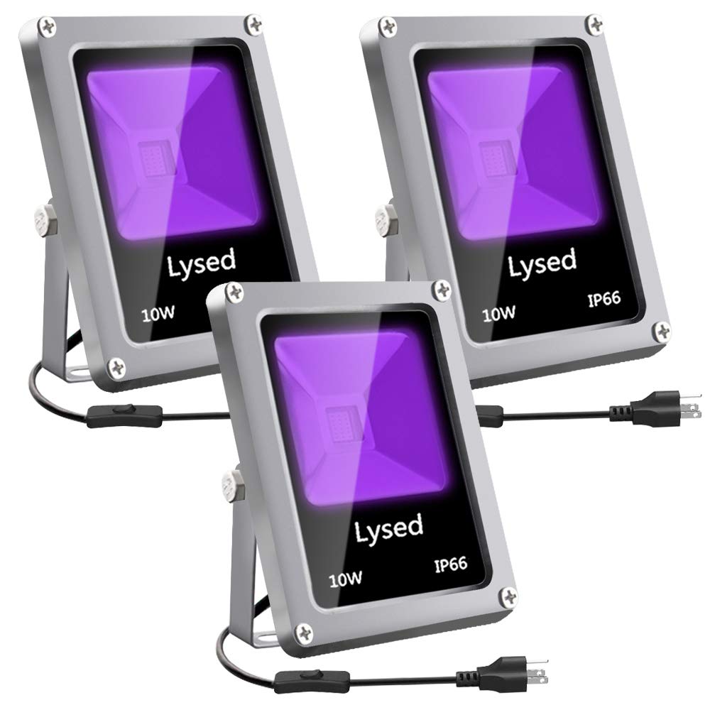 Lysed 10W UV LED Black Light Flood Light,IP66 Waterproof for Aquarium, Indoor or Outdoor Parties, Party Supplies, Halloween Decorations,Glow in The Dark(3 Pack)