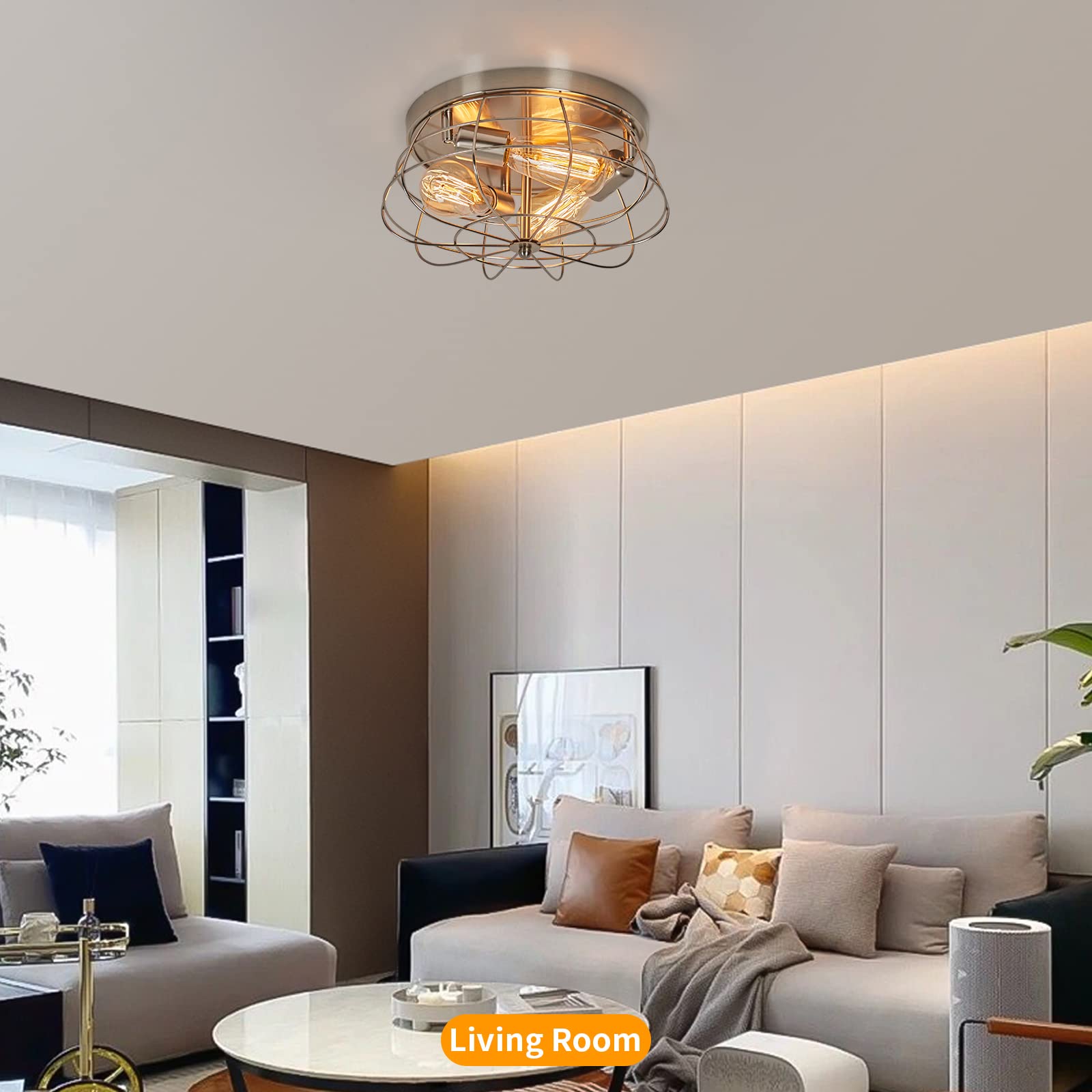 Foucasal Flush Mount Ceiling Light Brushed Nickel Ceiling Light Fixture 3-Light Modern Flush Mount Ceiling Light Metal Cage Kitc
