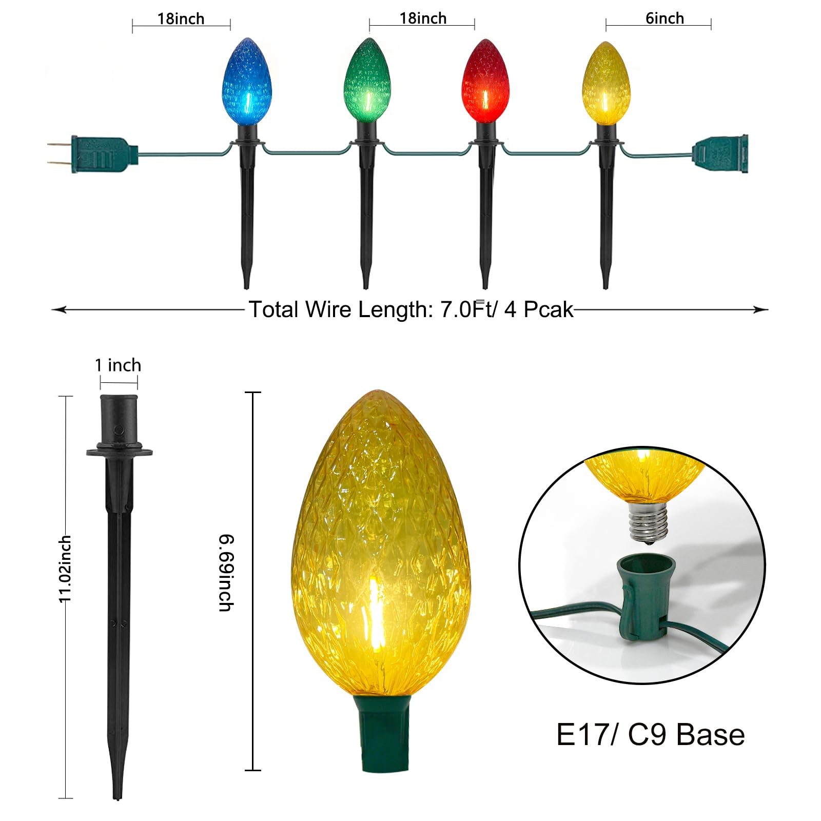 Abeja C9 Christmas Multicolor Pathway Lights, 2 Pack 7Ft Outdoor Pathway Markers Lights With 8 Jumbo C9 Led Multicolor Bulbs, Co