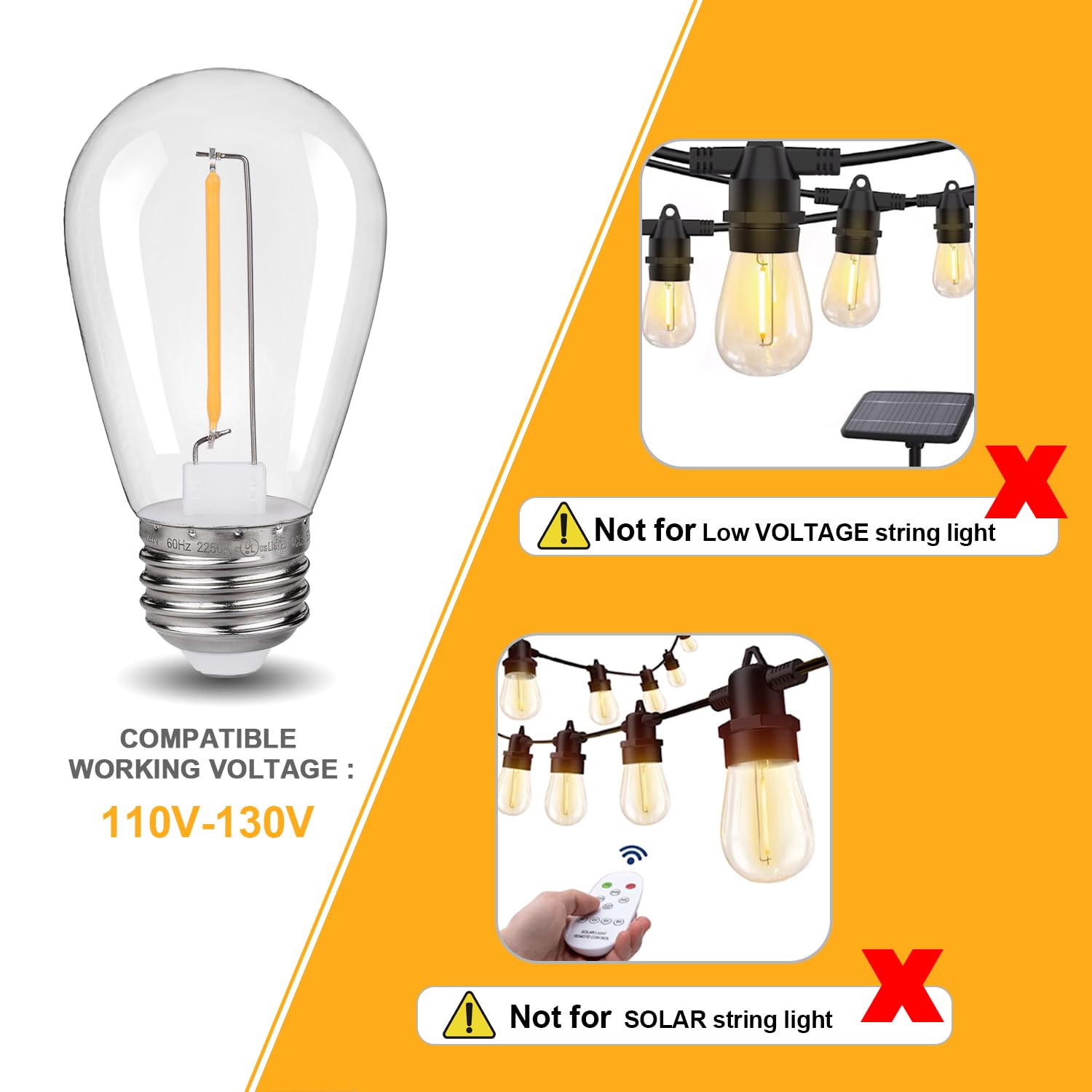 Kgc 25 Pack 1W S14 Replacement Led Bulbs, 2200K Warm White Waterproof Outdoor String Lights Vintage Led Filament Bulb, Shatterpr