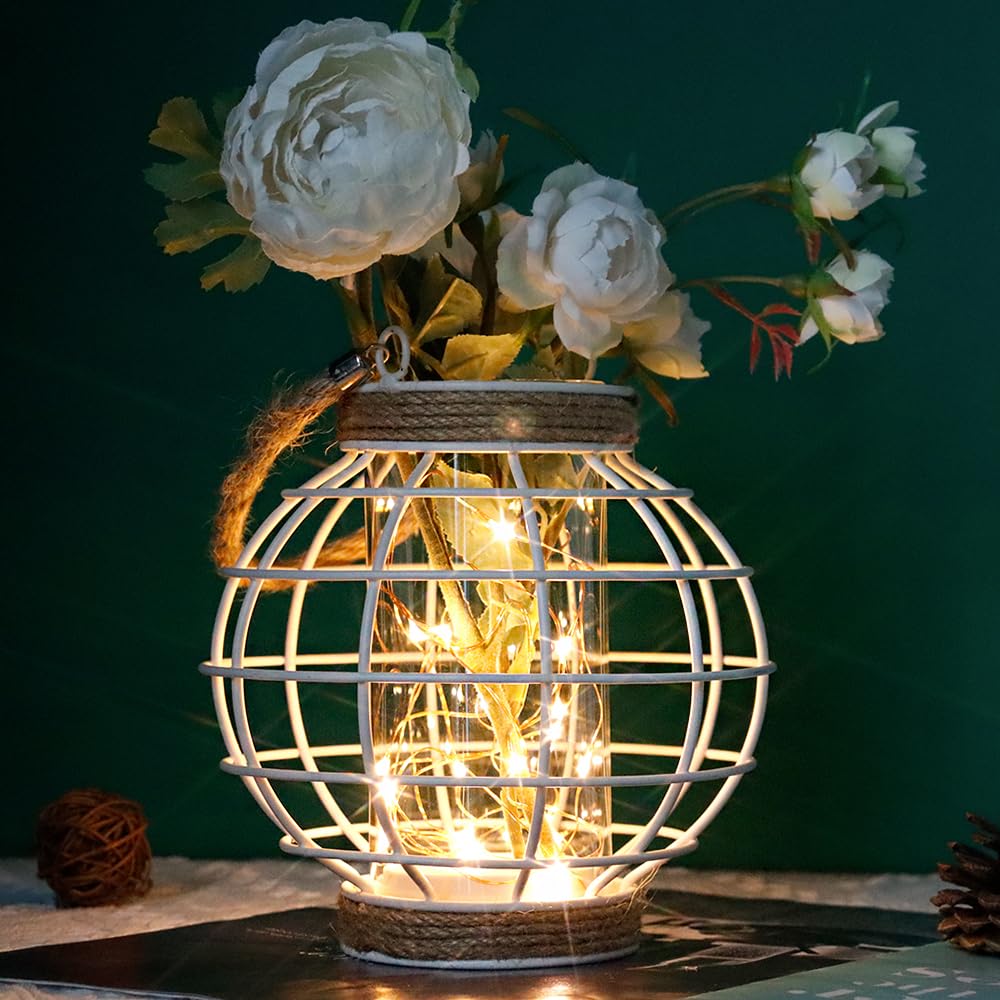 JHY DESIGN Metal Cage LED Lantern Battery Powered,7.3 Tall Cordless Accent Light with 20pcs Fairy Lights.Great for Weddings, Par