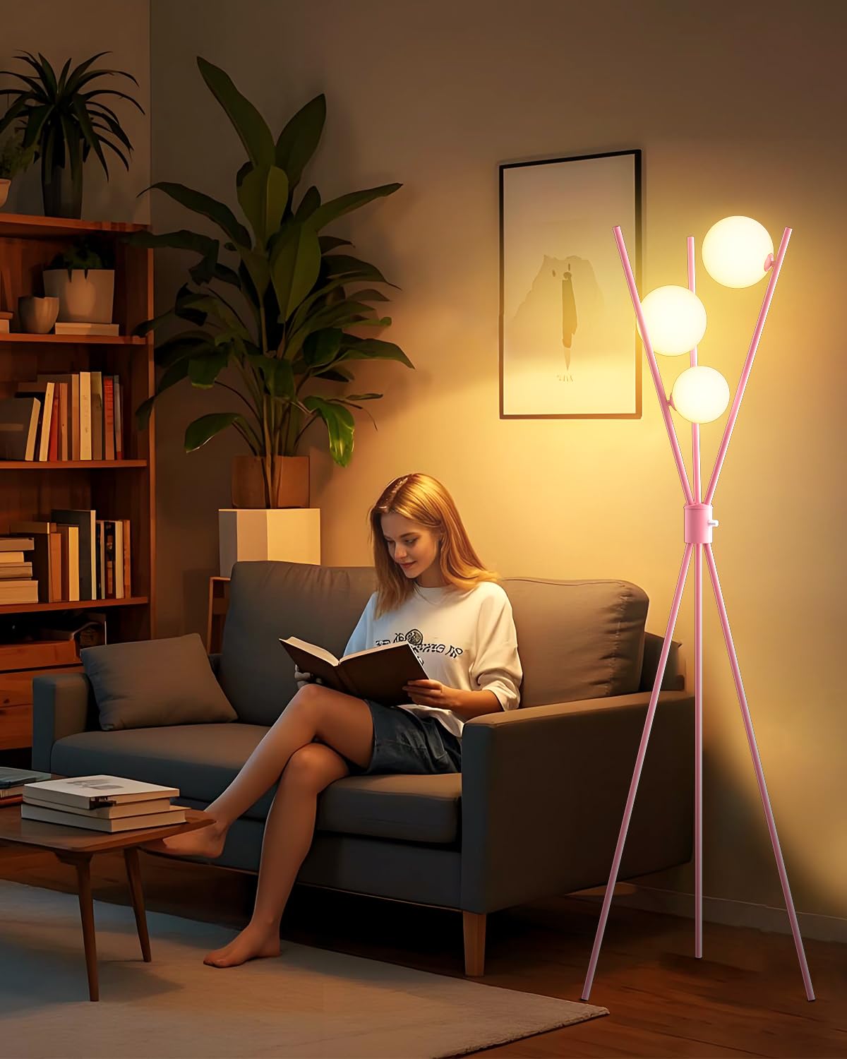 Lightdot Globe Standing Lamps Stepless Dimmable Pink Tripod Floor Lamp with 3PCS 3000K G9 Bulbs Stable Base Mid Century Modern F