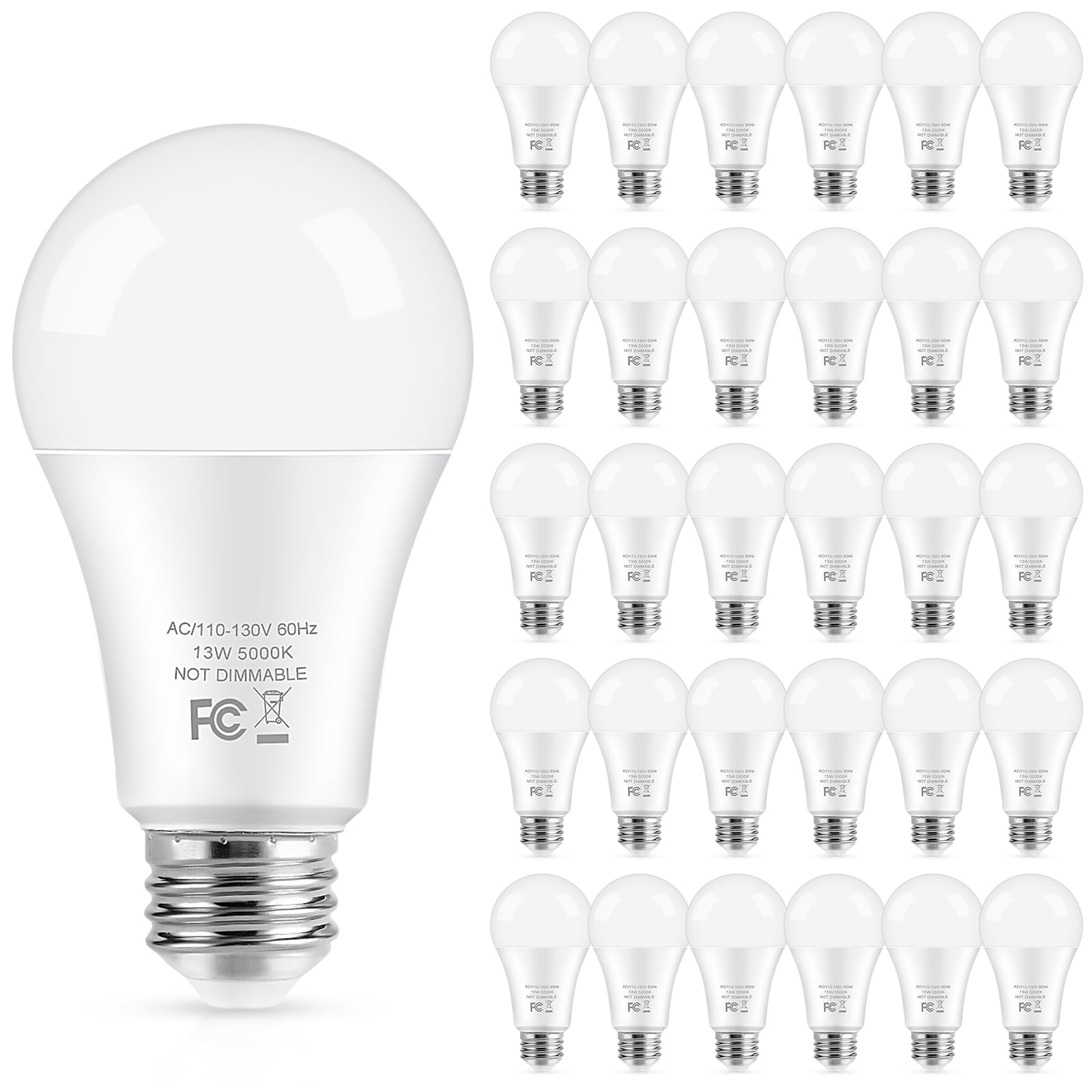 LED Light Bulbs, 100 Watt Equivalent A19 LED Bulbs, 13W 5000K Daylight White 1500 Lumens Non-Dimmable Bright E26 Edison Medium Screw Bulbs for Home Bedroom Living Room Office Outdoor Lamp, 30-Pack