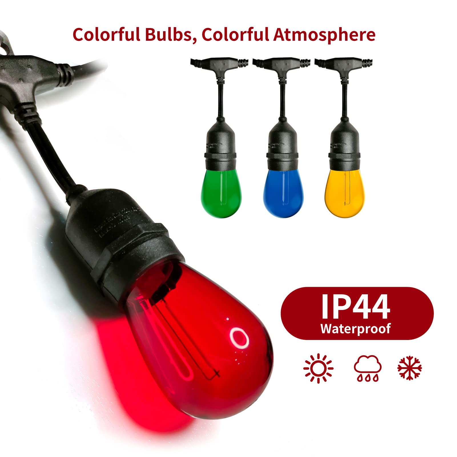 Meconard 24-Pack S14 Colored LED String Light Bulbs, Shatterproof, Waterproof, E26 Base, Multi-Color for Indoor/Outdoor Home Decor
