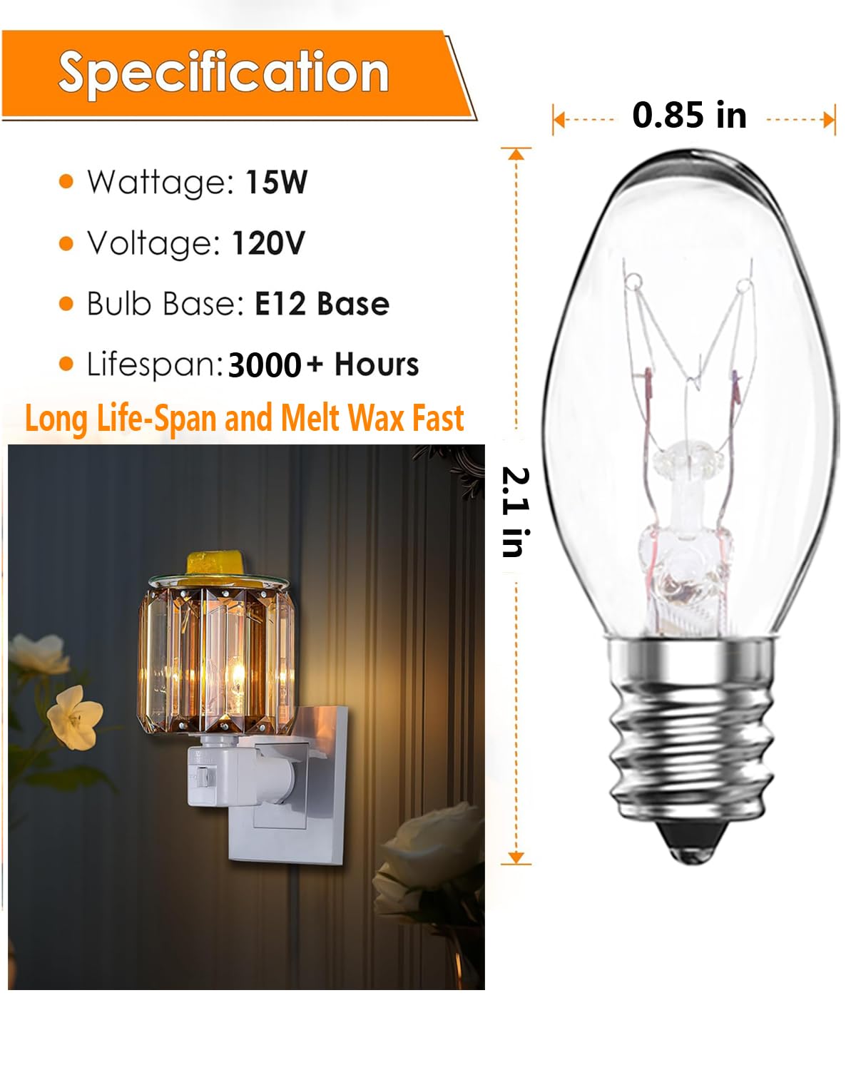 Snnalosses 15W C7 Wax Warmer Bulbs - Warm White, Dimmable, 12 Count for Scentsy, Himalayan Salt Lamps, Plug-in Diffusers