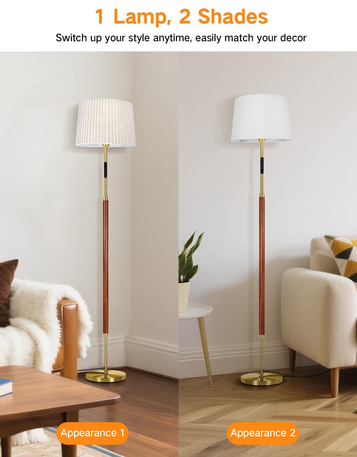 OUTON Wood Floor Lamp - Mid Century LED Dimmable with Remote & Touch Control, 4 Color Temperatures, Walnut