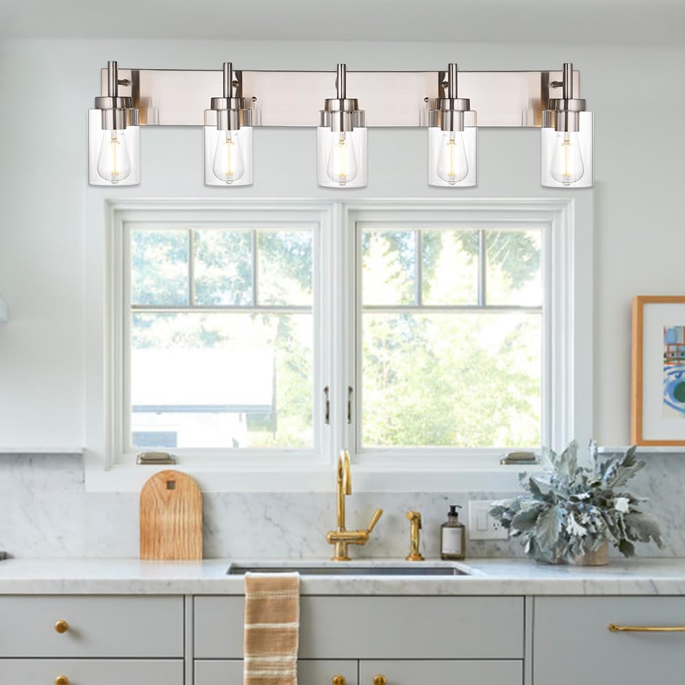 Vinluz 5 Lights Bathroom Vanity Light Fixture Brushed Nickel Sconces Wall Lighting Modern Industrial Indoor Wall Mounted Lamp Fo