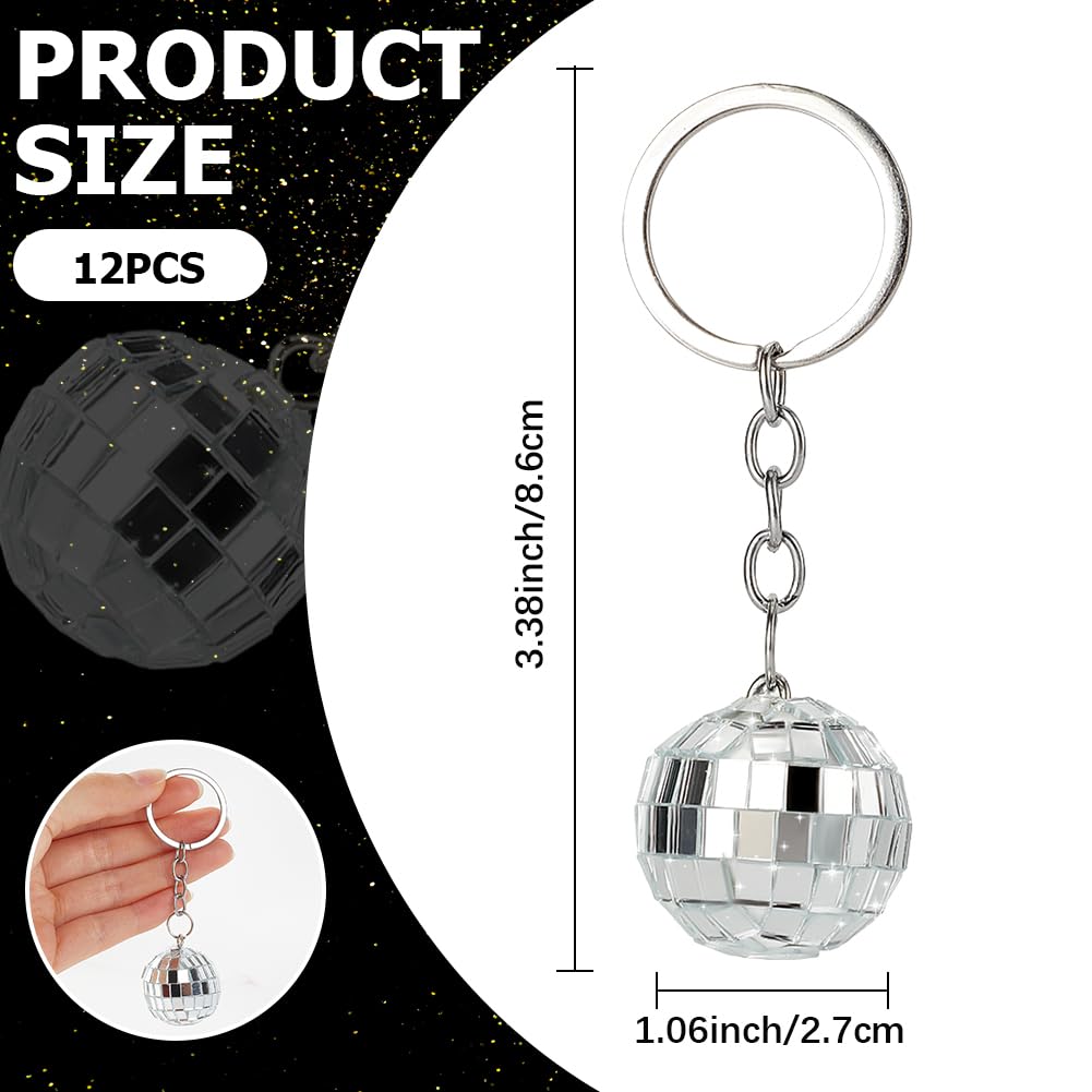 CRASPIRE 12Pcs Disco Ball Keychain Bulk Mirror Ball Key Chain Small Mini Silver Acrylic 1970s Retro Themed Hanging Pendant Charm
