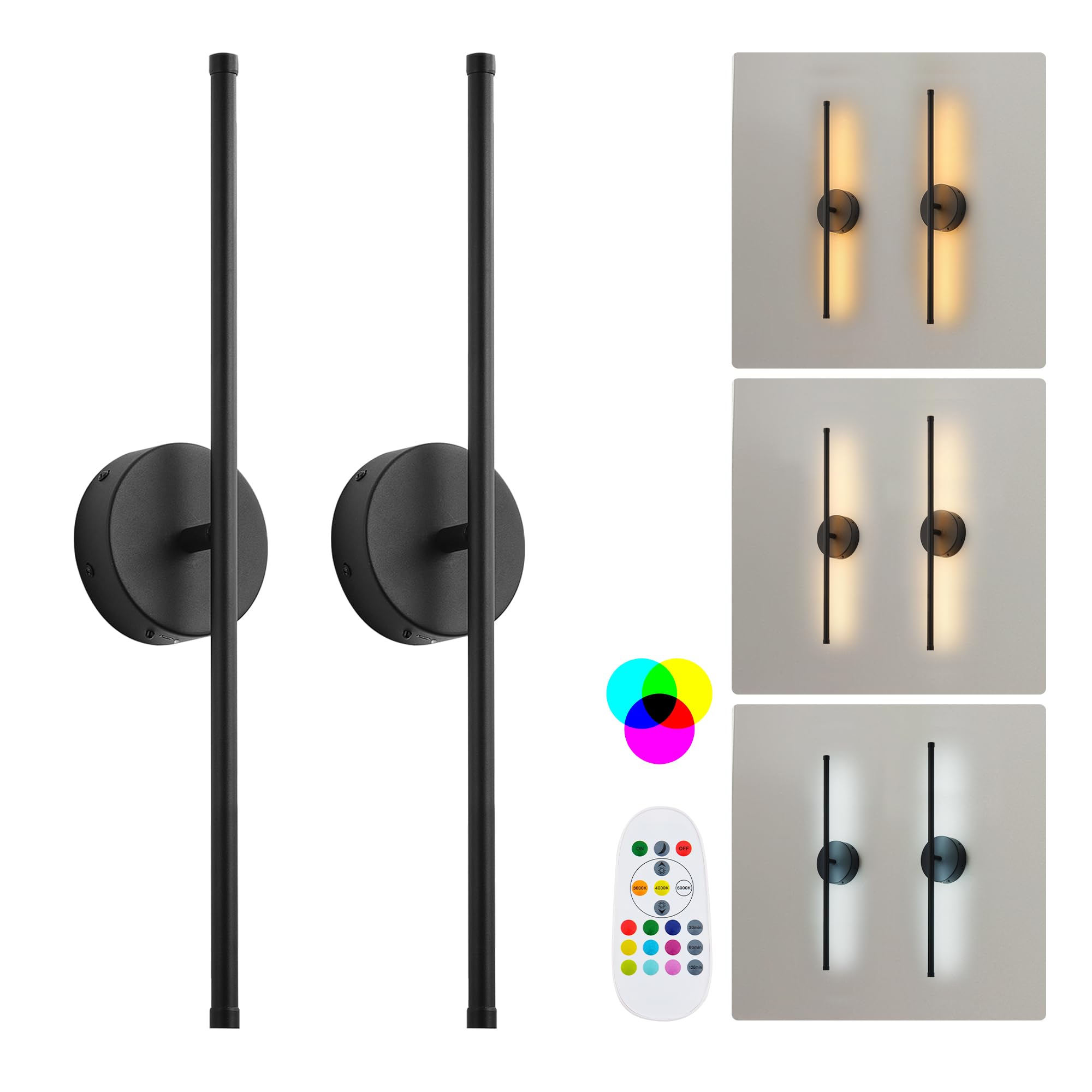 KARTOOSH Battery Operated Wall Sconces Set of Two, Dimmable LED, 20.4 Inch, Black (RGB Colors), Model ZM317BBLR50