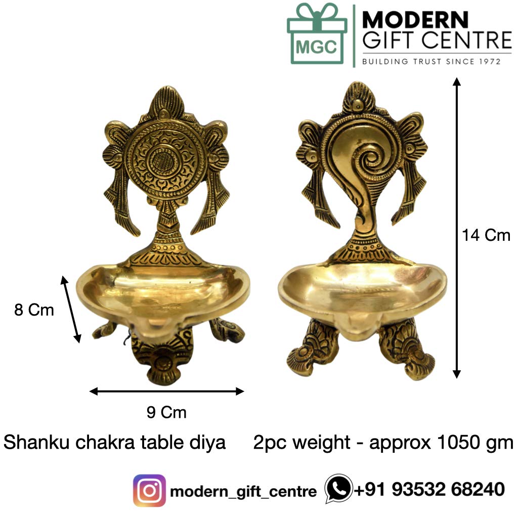 Printology Modern Gift Centre metal Pure Brass shanku Chakra Table Diya for Pooja