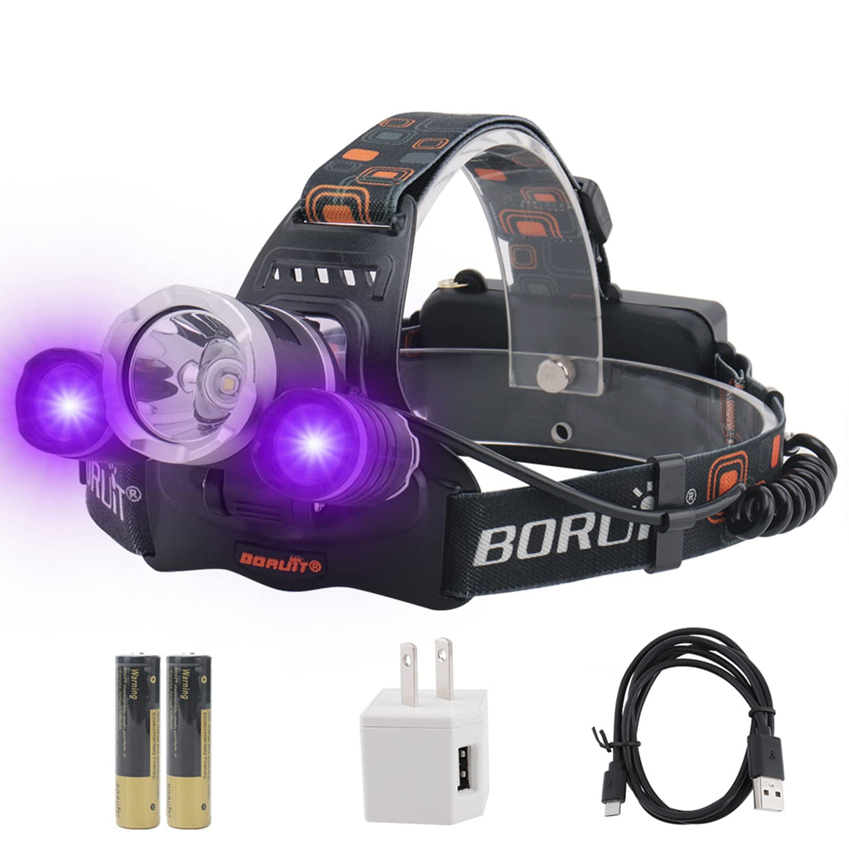 Boruit Rj-3000 Led Black Light Headlamp,3 Modes White And Uv Light Headlamp,5000 Lumens Rechargeable Blacklight Headlight Head Lamp For Hunting Camping Hiking Fishing Working