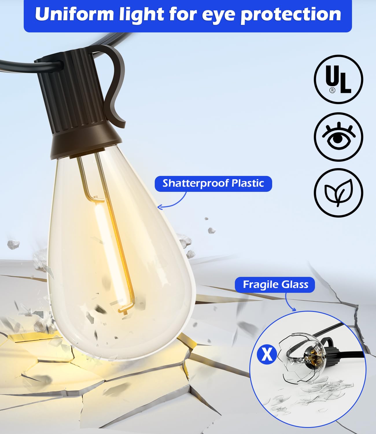 Luckystyle 60Ft Led Outdoor String Lights With 16+1 Edison Shatterproof Waterproof Bulbs, 2700K Commercial Grade Patio Lights, H