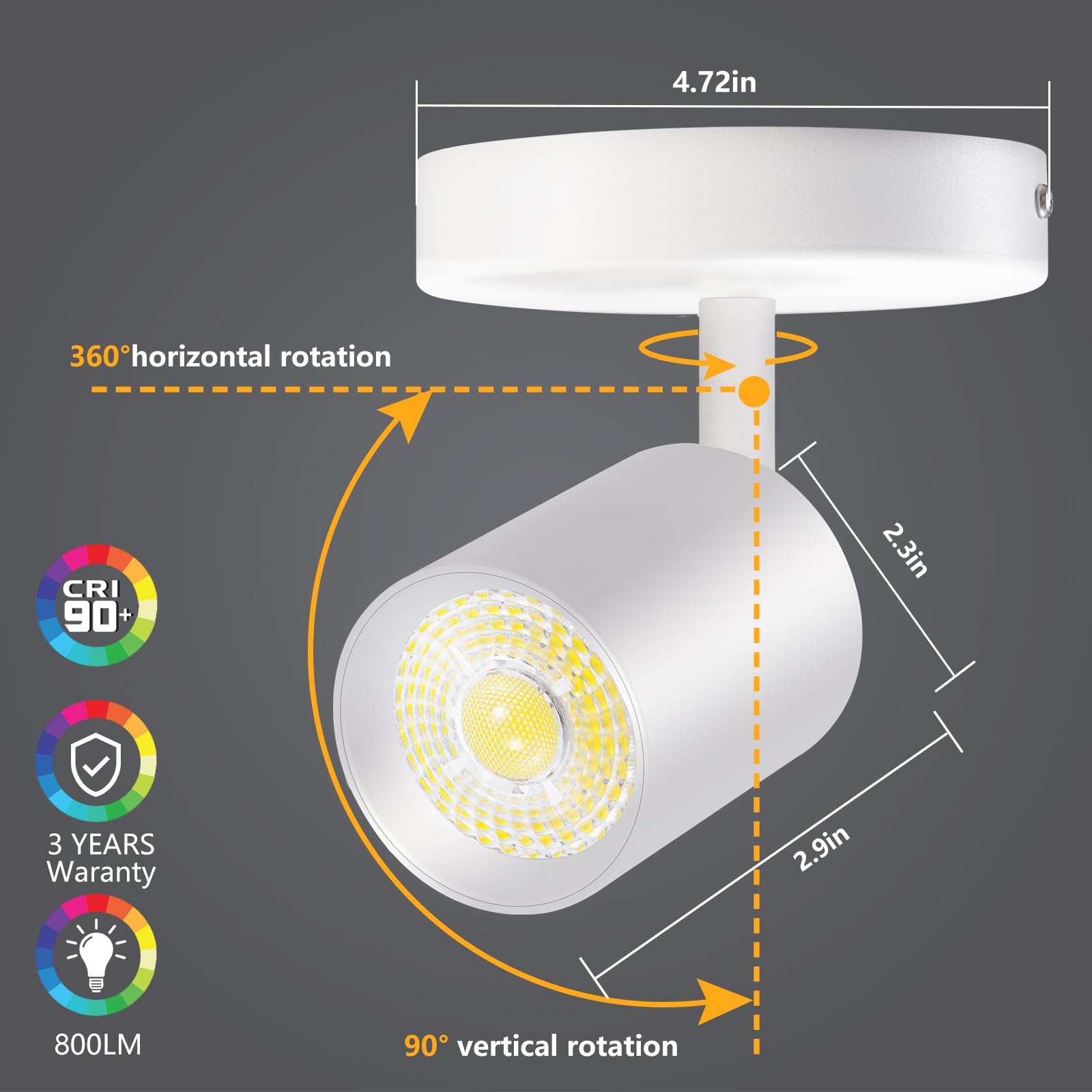 Vanoopee Dimmable Led Ceiling Spotlight, Adjustable 10W 800Lm 3000K, White Indoor Accent Light
