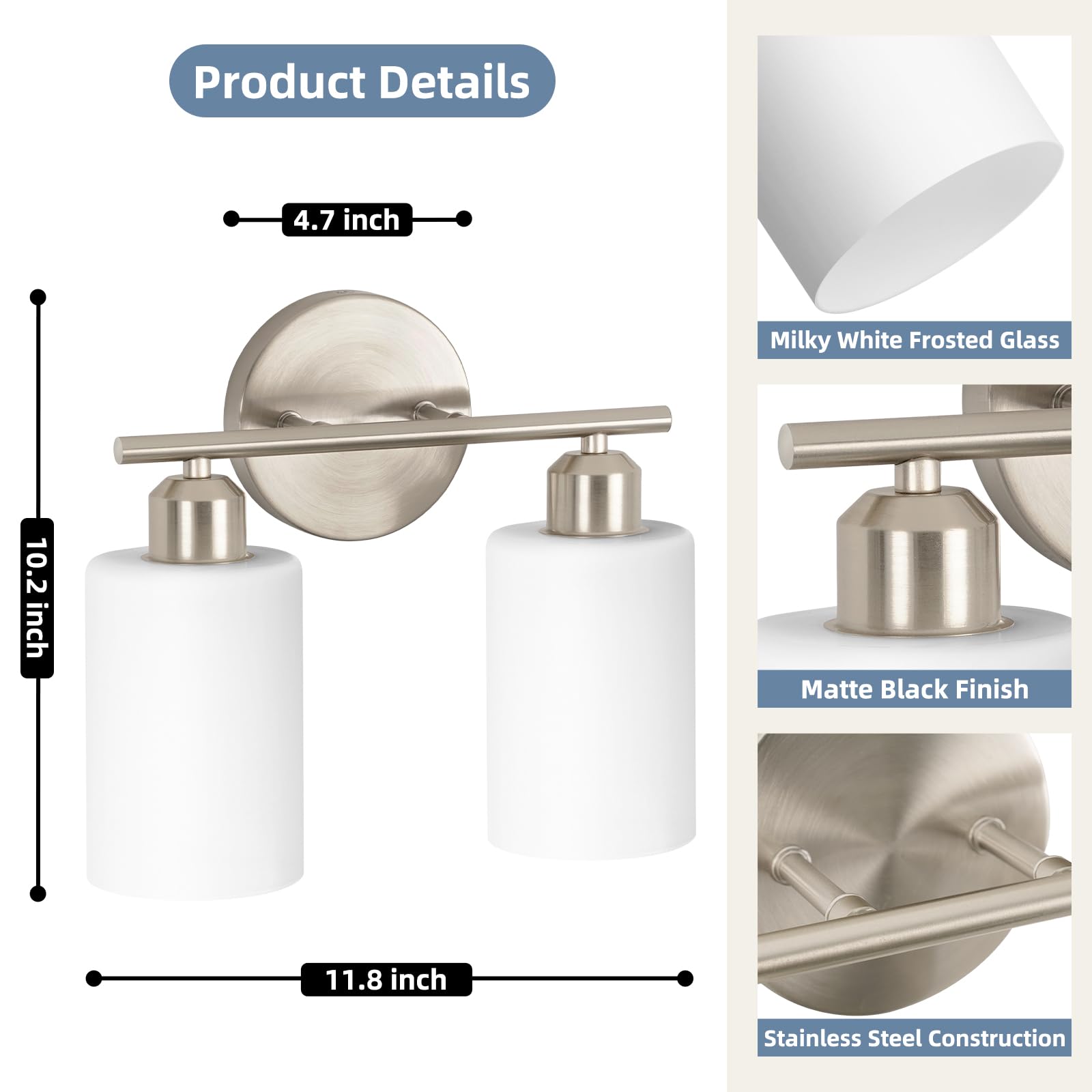 Seable Brushed Nickel Bathroom Light Fixtures, 2-Light Modern Vanity Light Over Mirror, Wall Sconces With Milky White Frosted Gl