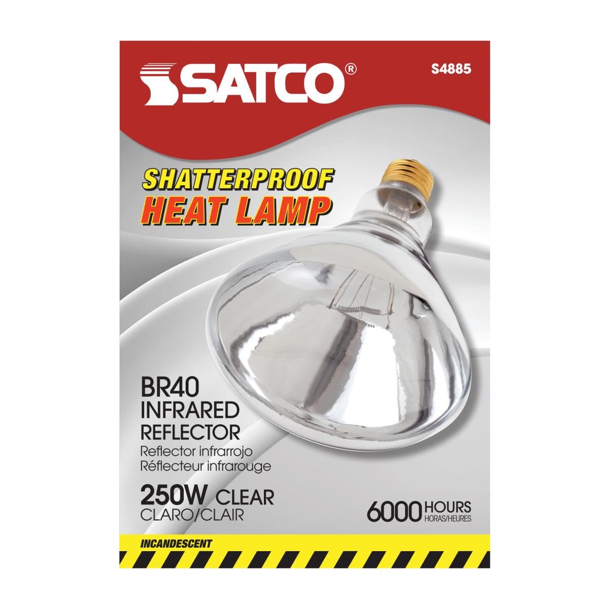 Satco S4885 Br40 Incandescent Heat Lamp Bulb, 250W, 120V, E26 Base, Clear Heat, Dimmable, Shatterproof Pfa Coating, 6000H, 2700K