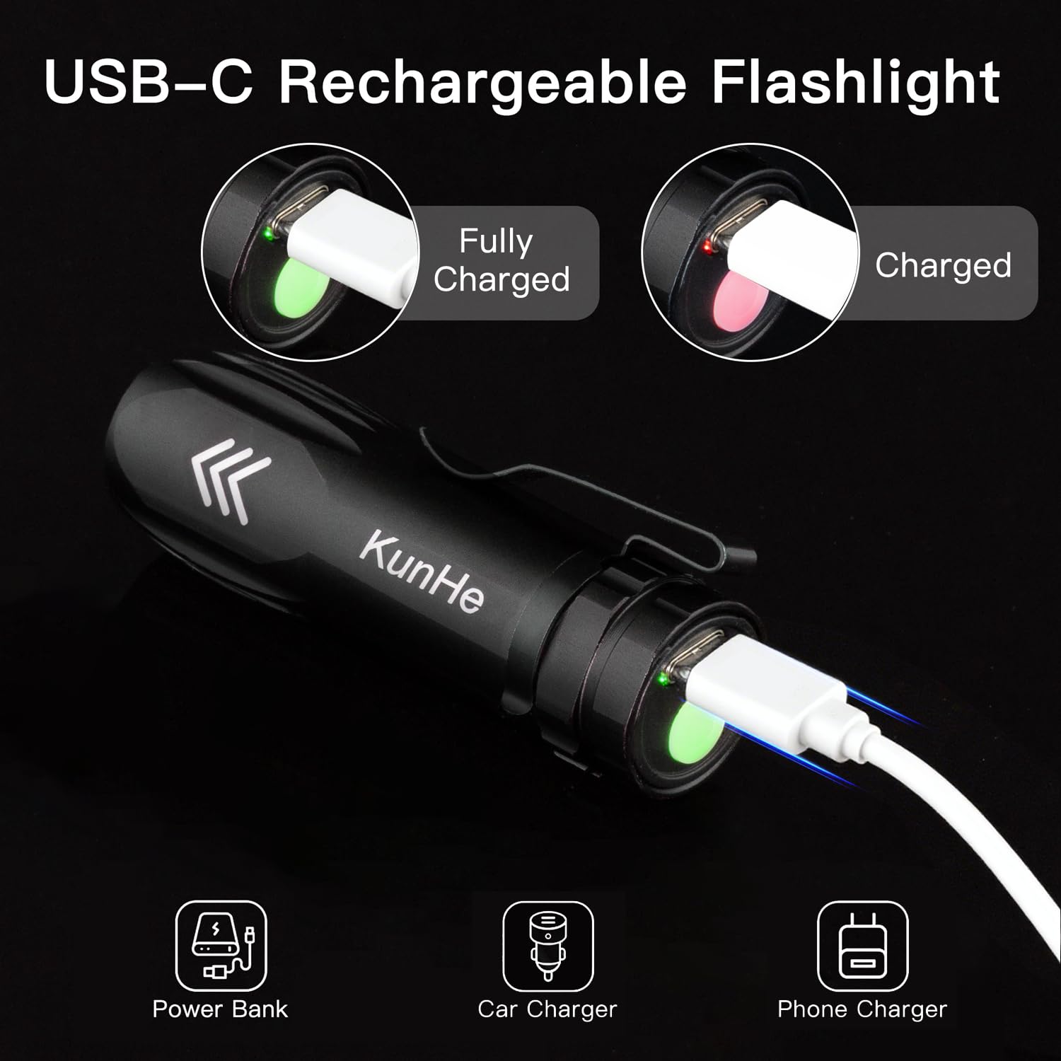 KunHe Rechargeable Flashlights - 20 Pack Mini High Lumen Clip-on LED Light, Portable Aluminum, Black, Model KH-003-20