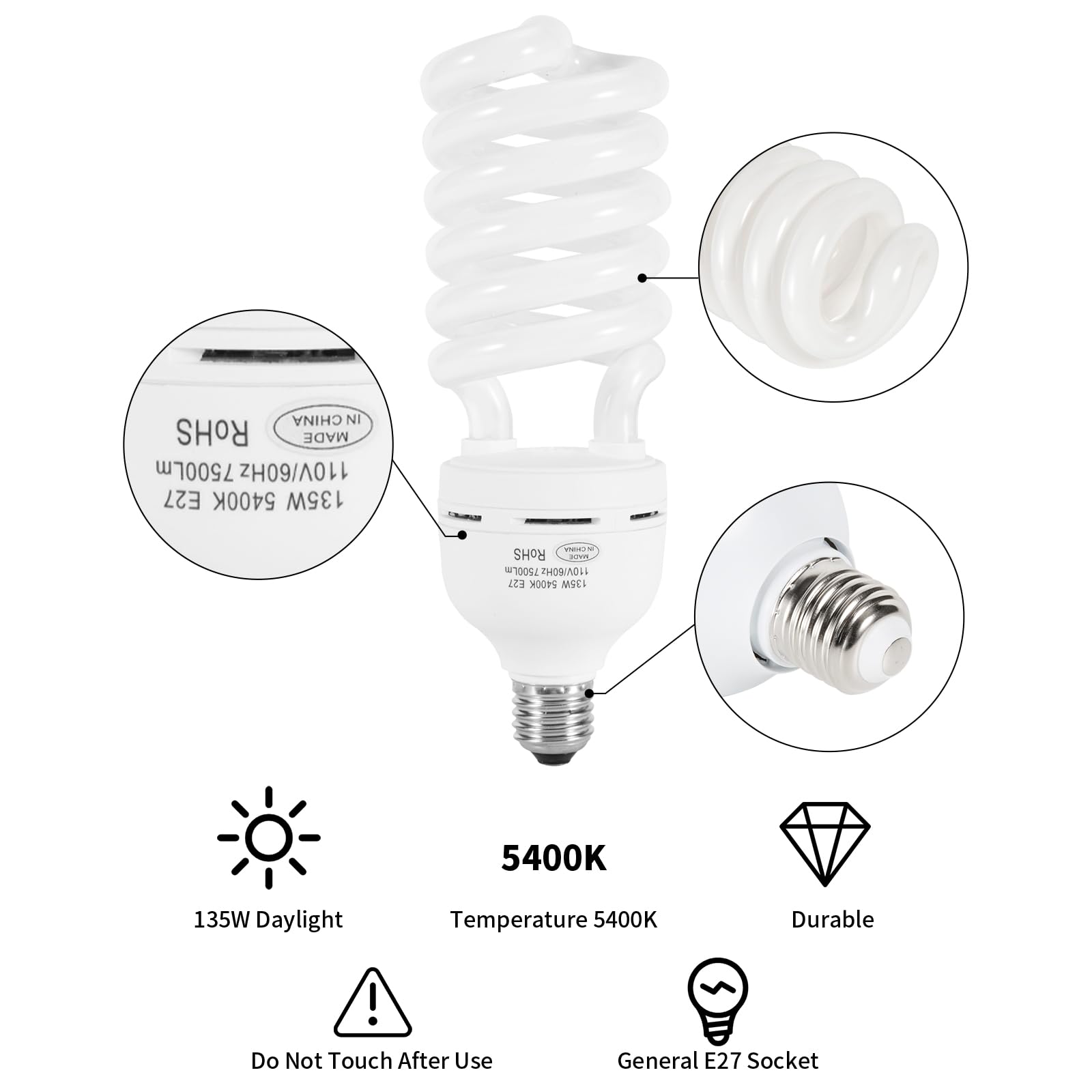 Skytex 1Pcs 135W Light Bulb, 5400K Color Temperature Cfl Photography Lighting, Daylight Spiral Softbox Lighting Kit Bulb In E27