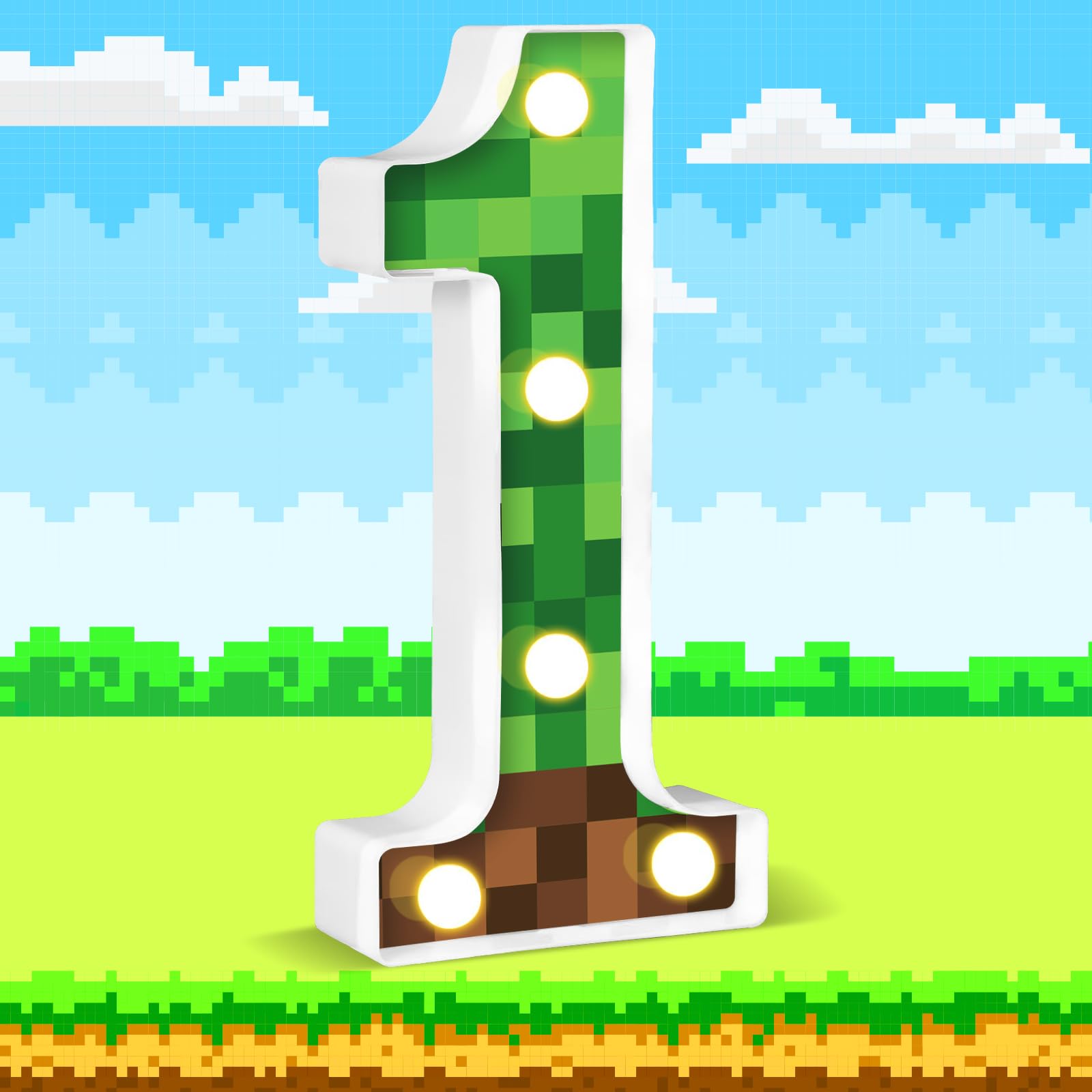 AXBMM 8.5in Pixel Game Light Up Sign, Birthday Decorations, Green/Brown, Model XY-371, LED Material, Number 1 Centerpiece