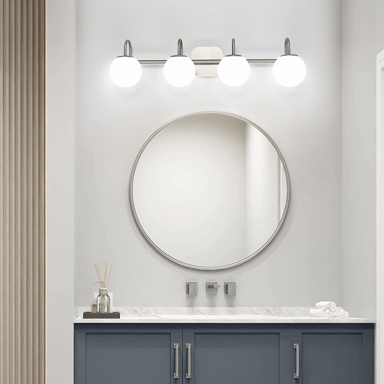 Zhuoer Mid Century Modern Brushed Nickel Bathroom Vanity Light Fixtures 4 Lights Milky Glass Wall Lighting Bath Vanity Lights Ov
