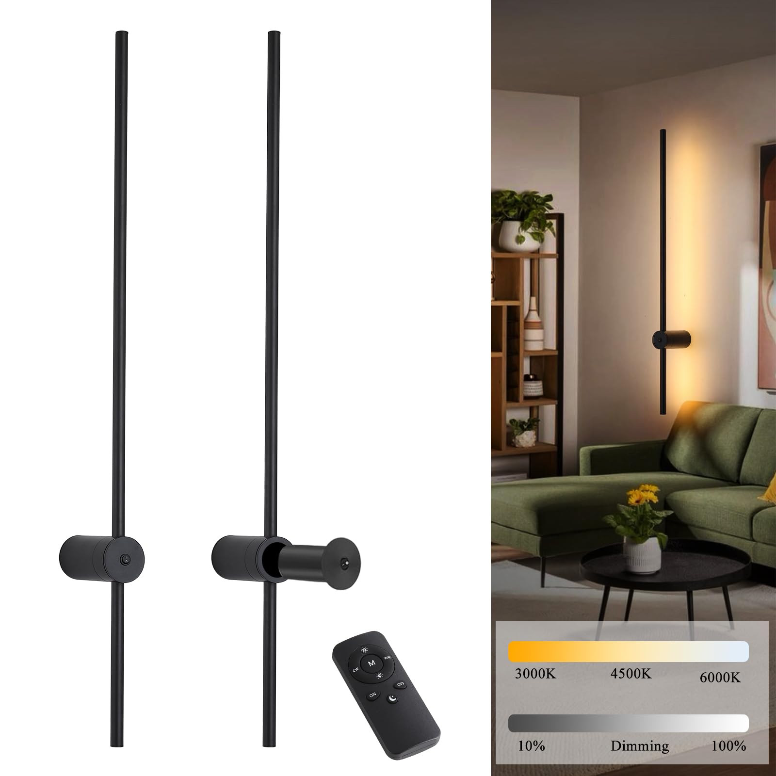 Battery Operated Wall Sconces Set Of Two With Remote Control; 40 Inch Rechargeable Wireless Dimmable Wall Lights; Black Cordless Wall Sconce For Living Room Hallway Bedroom 2 Pack