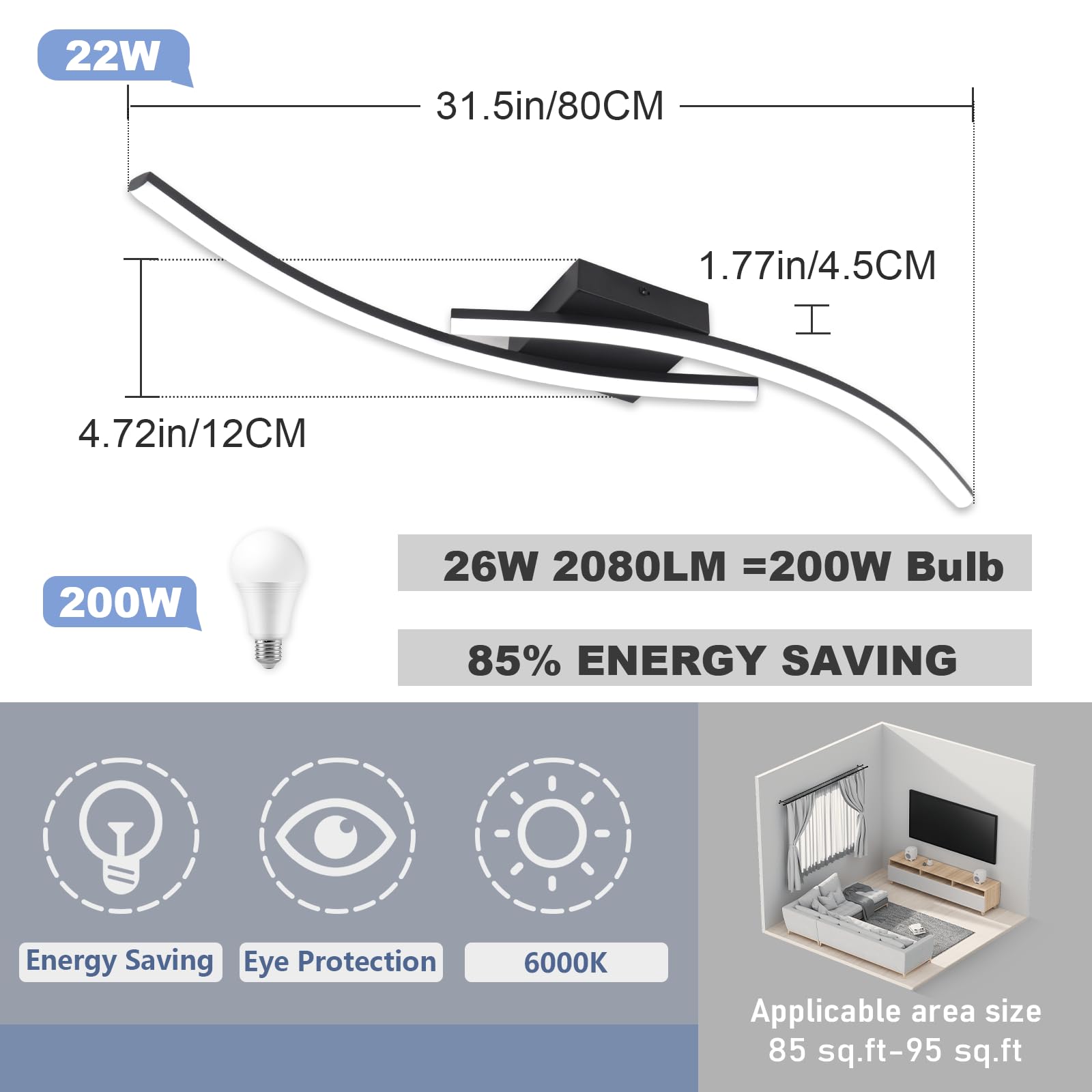 Hlilceh Modern Led Ceiling Light 22W Black Linear Ceiling Light Fixture 6000K Aluminum 31.4Inch Long Flush Mount Ceiling Light F