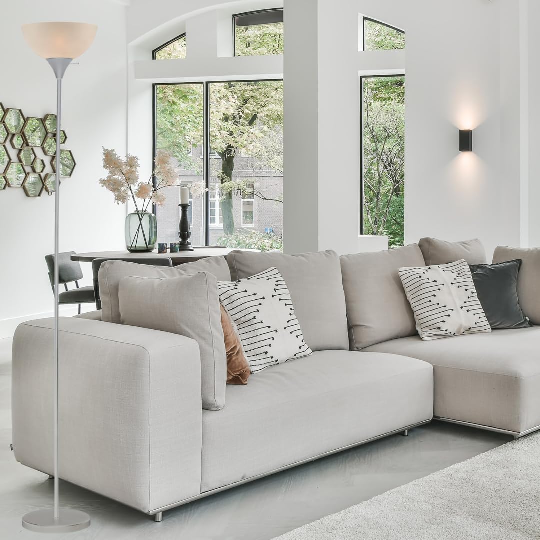 Lightaccents Stand Up Floor Lamp In Silver- Modern Corner Light With White Opal Bowl Shade - Susan Design, Ideal For Living Room