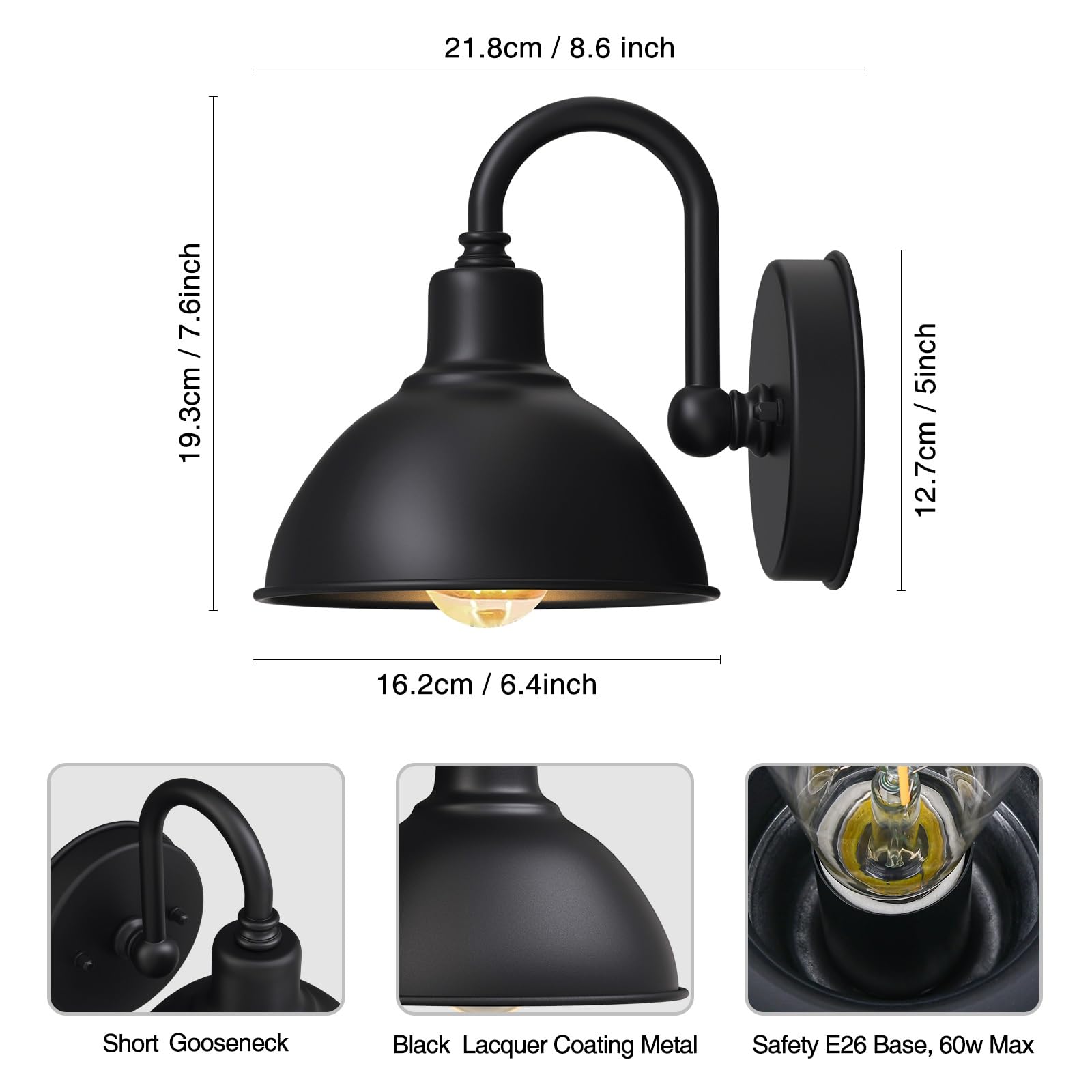 Naurham Gooseneck Light - Black Metal Outdoor Sconce, 1-Light, 6.4in Diameter for Patios, Porches, and Garages
