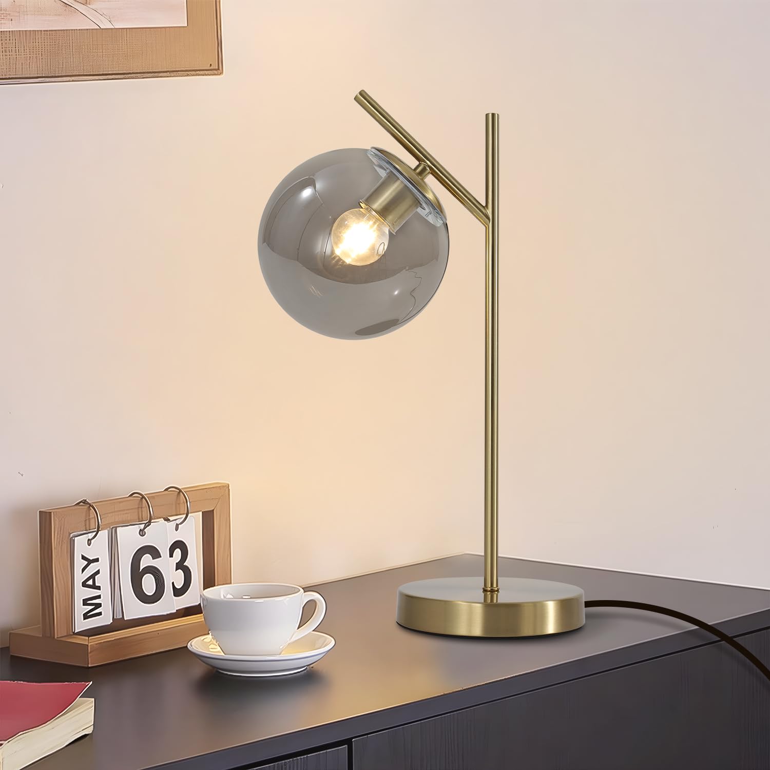 Fulesi Mid Century Desk Lamp Glass Globe Table Lamp with Gray Glass lampshade Gold Modern Bedside Lamps for Bedroom Living Room 