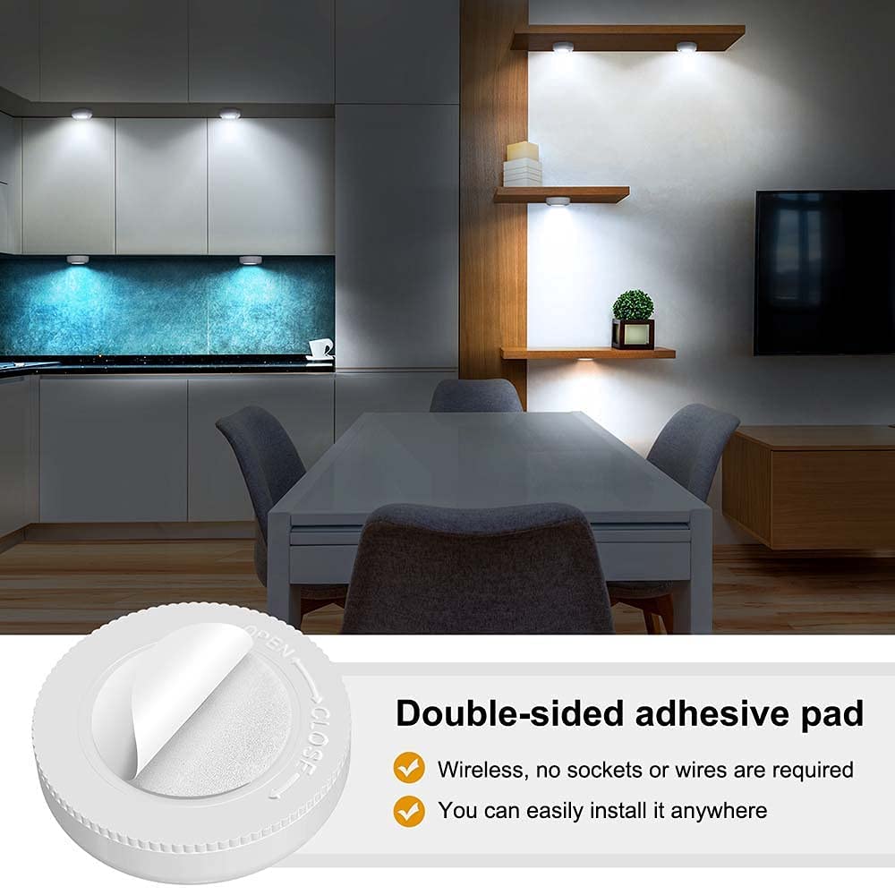 UNISAME LED Puck Lights, Tap Light Battery Operated Push Button Light Stick Up Lights Under Cabinet Lighting Wireless Lights for