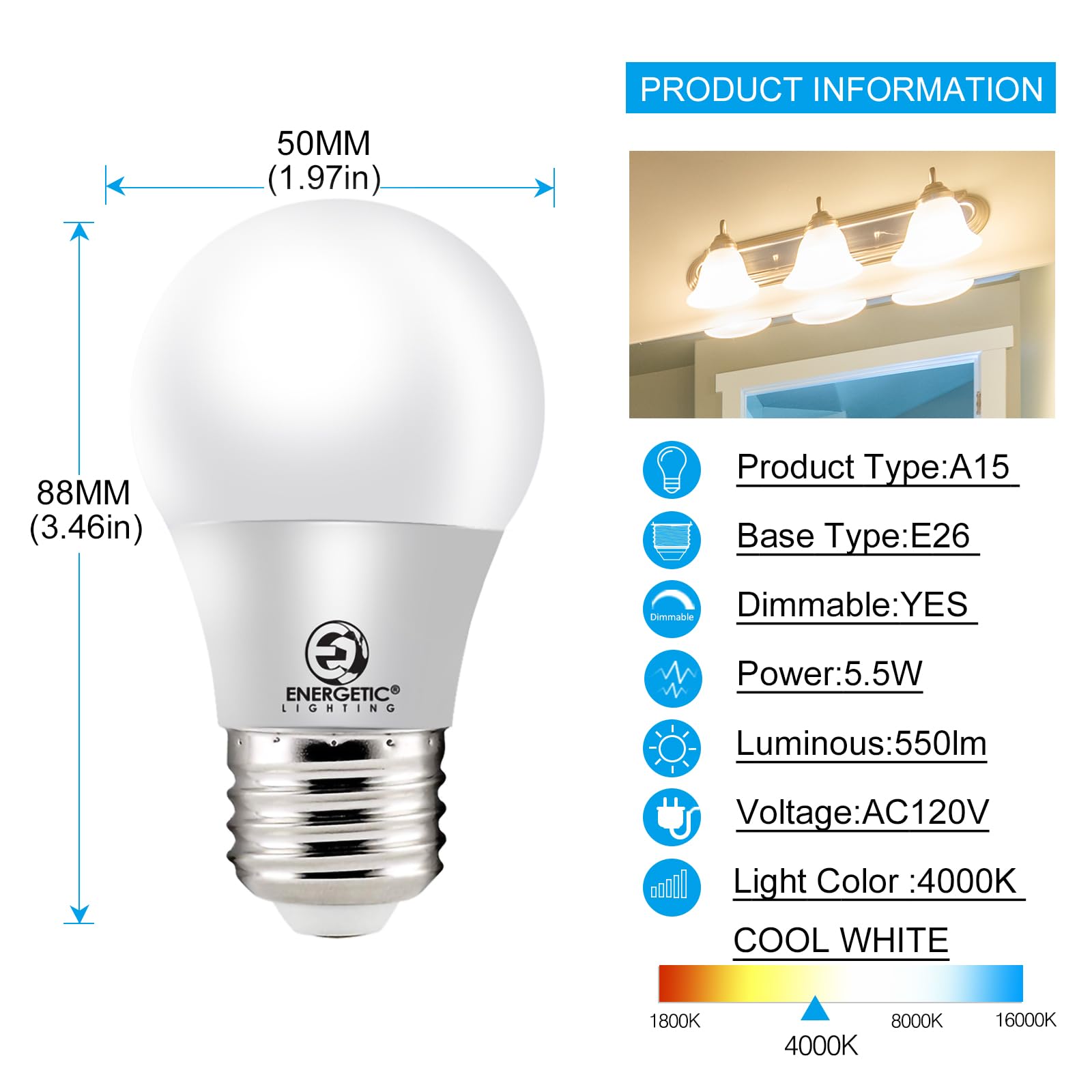 Energetic Lighting Led Refrigerator Bulb 40 Watt Equivalent, 4000K Cool White, Dimmable A15 Ceiling Fan Light Bulbs, E26 Base, U
