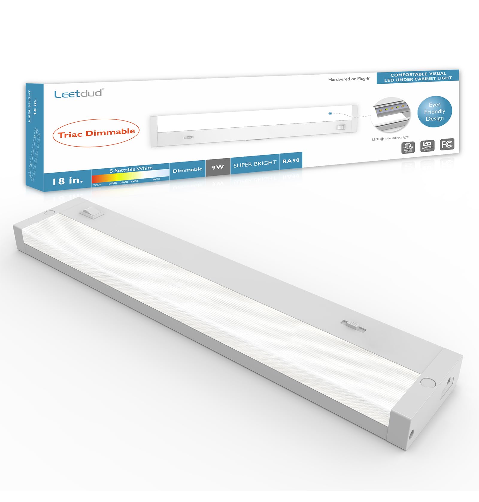 Leetdud LED Under Cabinet Lighting Hardwired or Plug in, 18 Inch 9W, Dimmable 5 Color 2700K/3000K/3500K/4000K/5000K, Linkable Ey