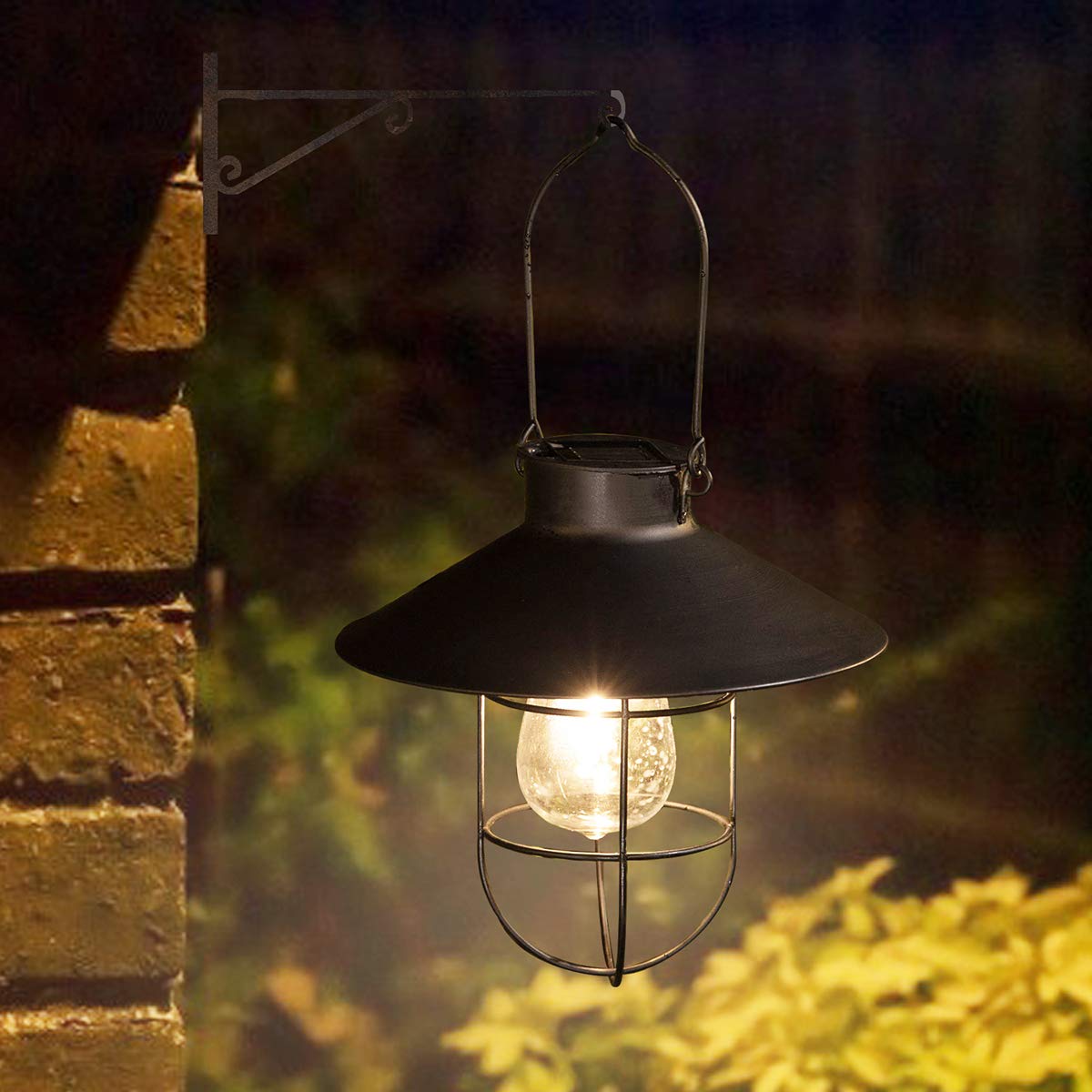 pearlstar Solar Lantern Outdoor Light - 2 Packs, Metal, Warm White Edison Bulb, Medium Size, Black, Model 049-M-pk2