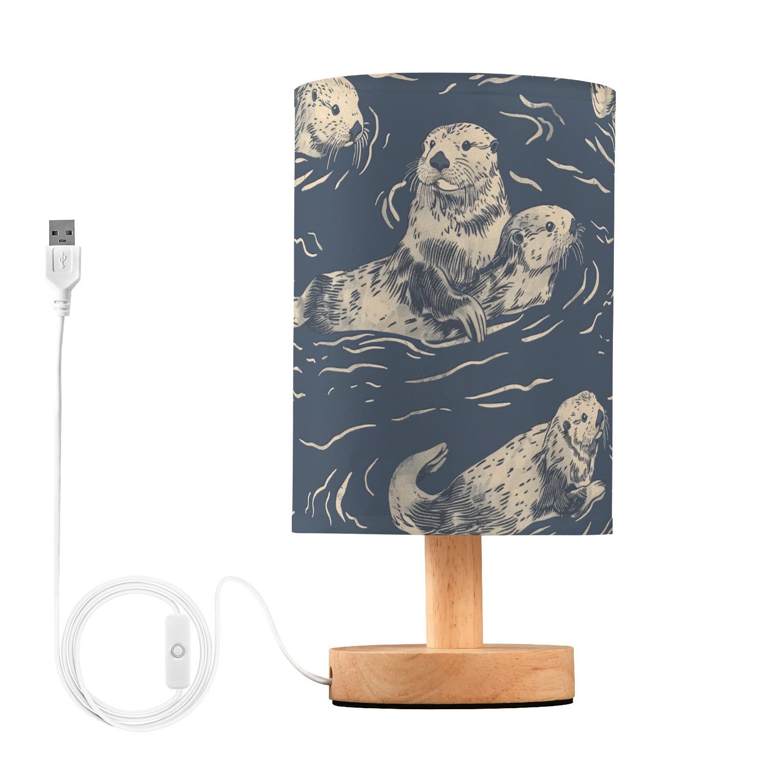 Oarencol Bedside Table Lamp Sea Otter Animal Blue Nightstand Lamp with Wood Desk Lamps for Bedroom Living Room Nursery Office Ho